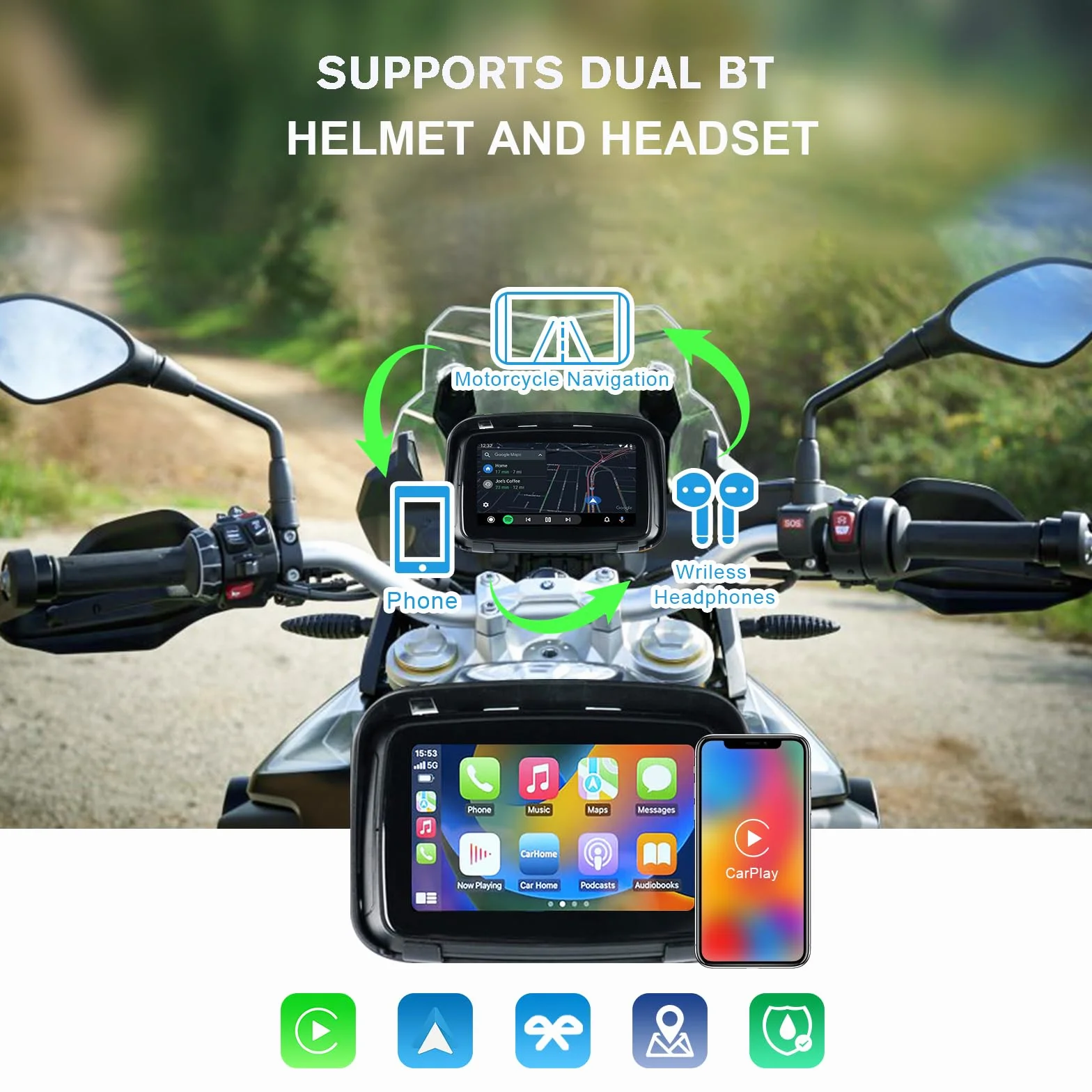 KAOLALI Bezprzewodowa nawigacja GPS Carplay 5-calowy ekran dotykowy IPX7 wodoodporna motocykl