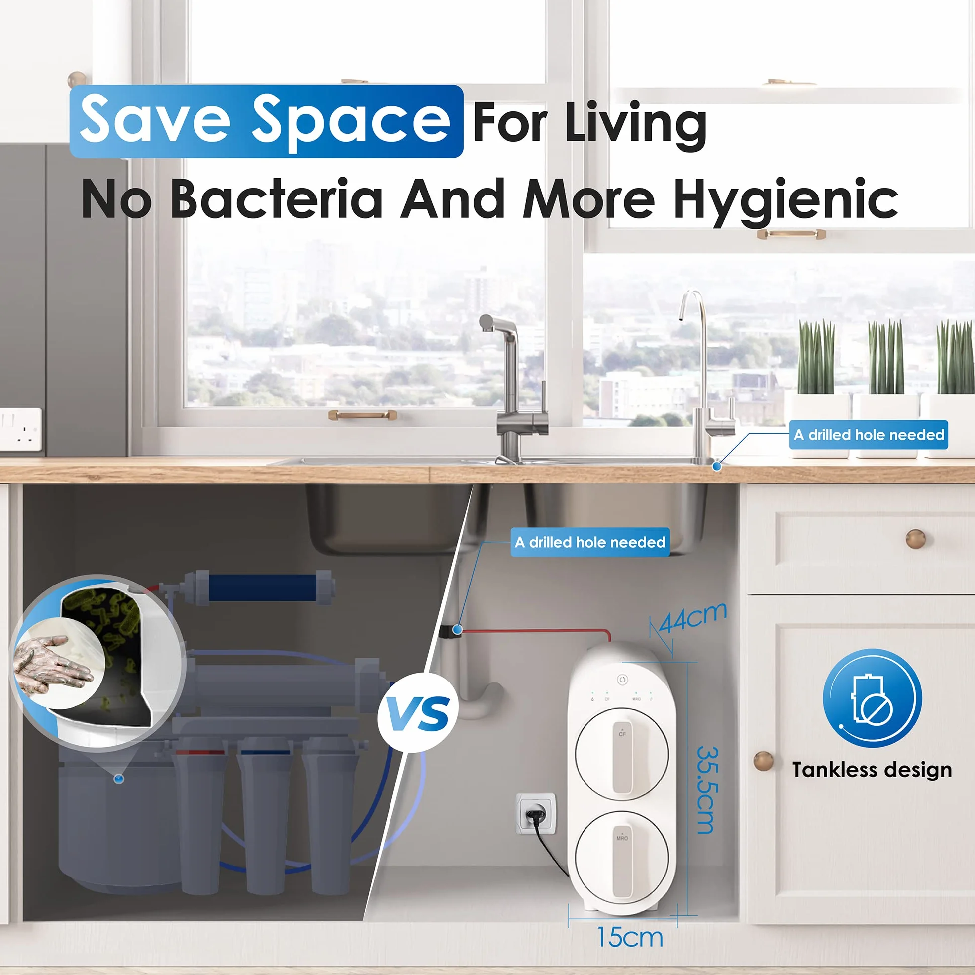 Waterdrop RO System Filtracji Wody z Odwróconą Osmozą, 2271 Litrów, Czysty do Odpływu 2:1, Bezzbiornikowy, Inteligentny Panel, Kompozytowy Wielostopniowy, Atest FCC, USA Tech, Kran na Bazie Szczotkowanego Niklu, WD-G2P600-W