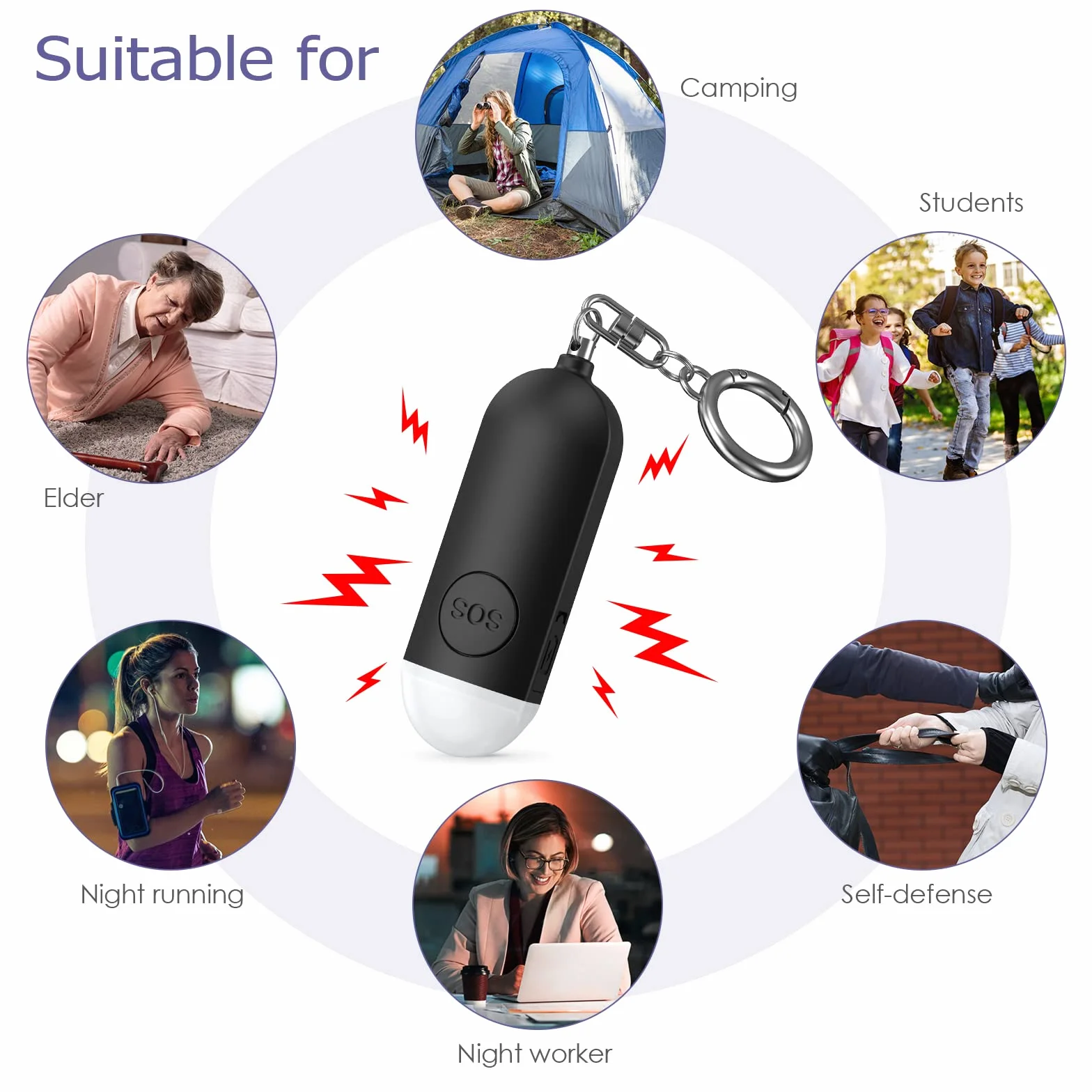 Osobisty alarm 130 dB, syrena ze stroboskopem LED, sygnał błyskowy LED, ładowany przez USB, breloczek do kluczy