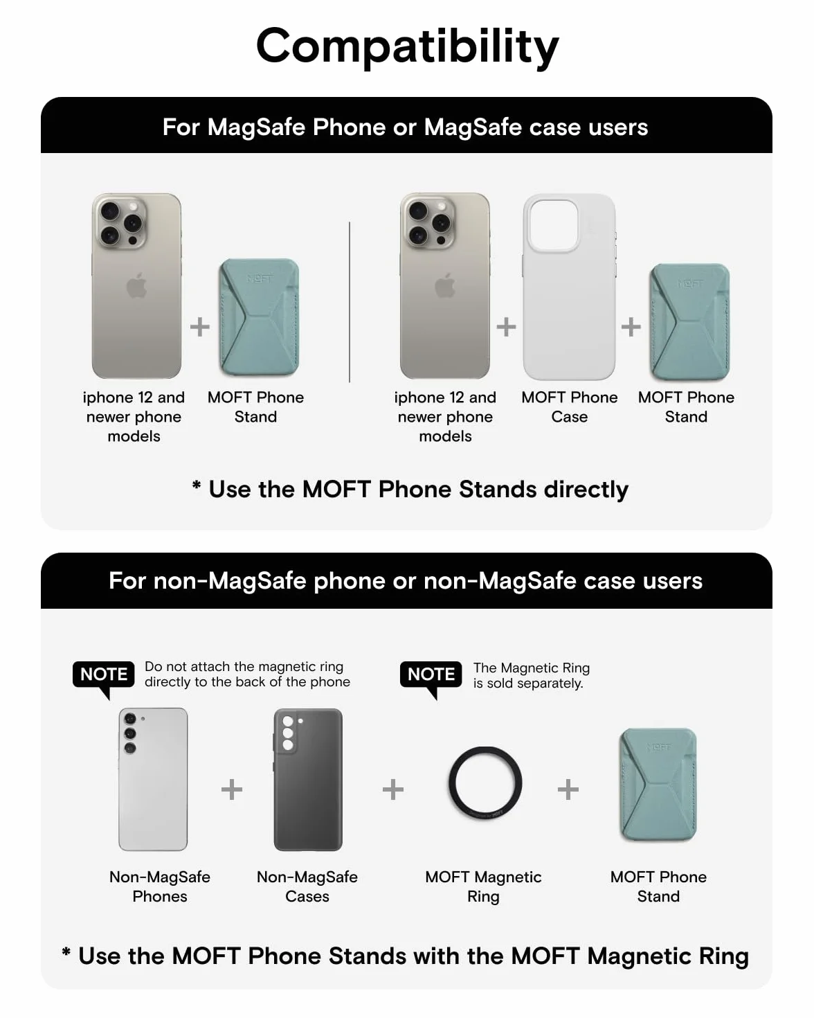 MOFT MOVAS MagSafe Stojak na Portfel iPhone 15/14/13/12, Wegańska Skóra, Magnetyczny Stojak z 3 Kątami Widzenia, 2 Uchwyty na Karty (Jet Black)