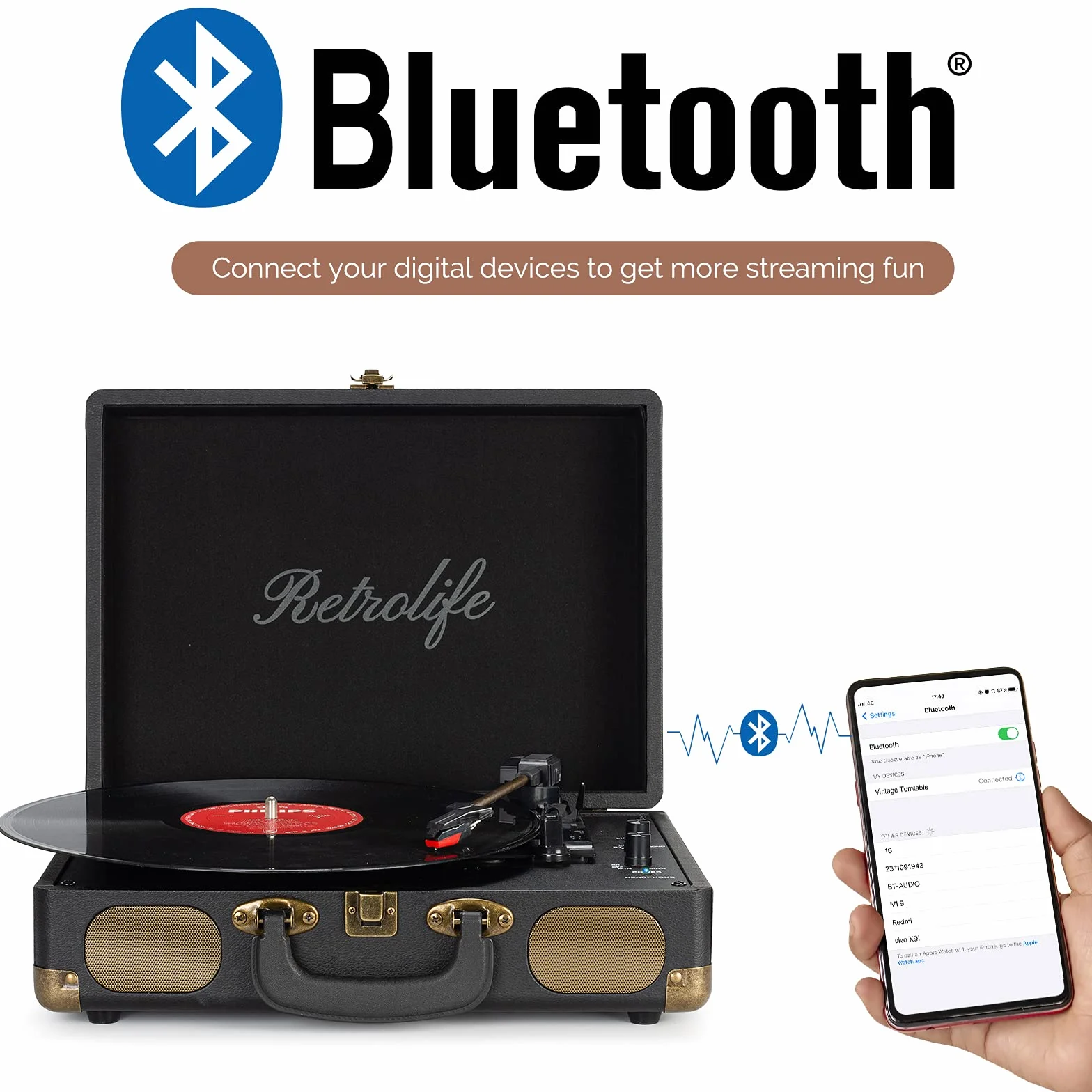 Płyta winylowa 3-biegowa 33/45/78 TR/min Bluetooth przenośna walizka z paskiem z wbudowanymi głośnikami wyjścia liniowego RCA Vintage Turntable