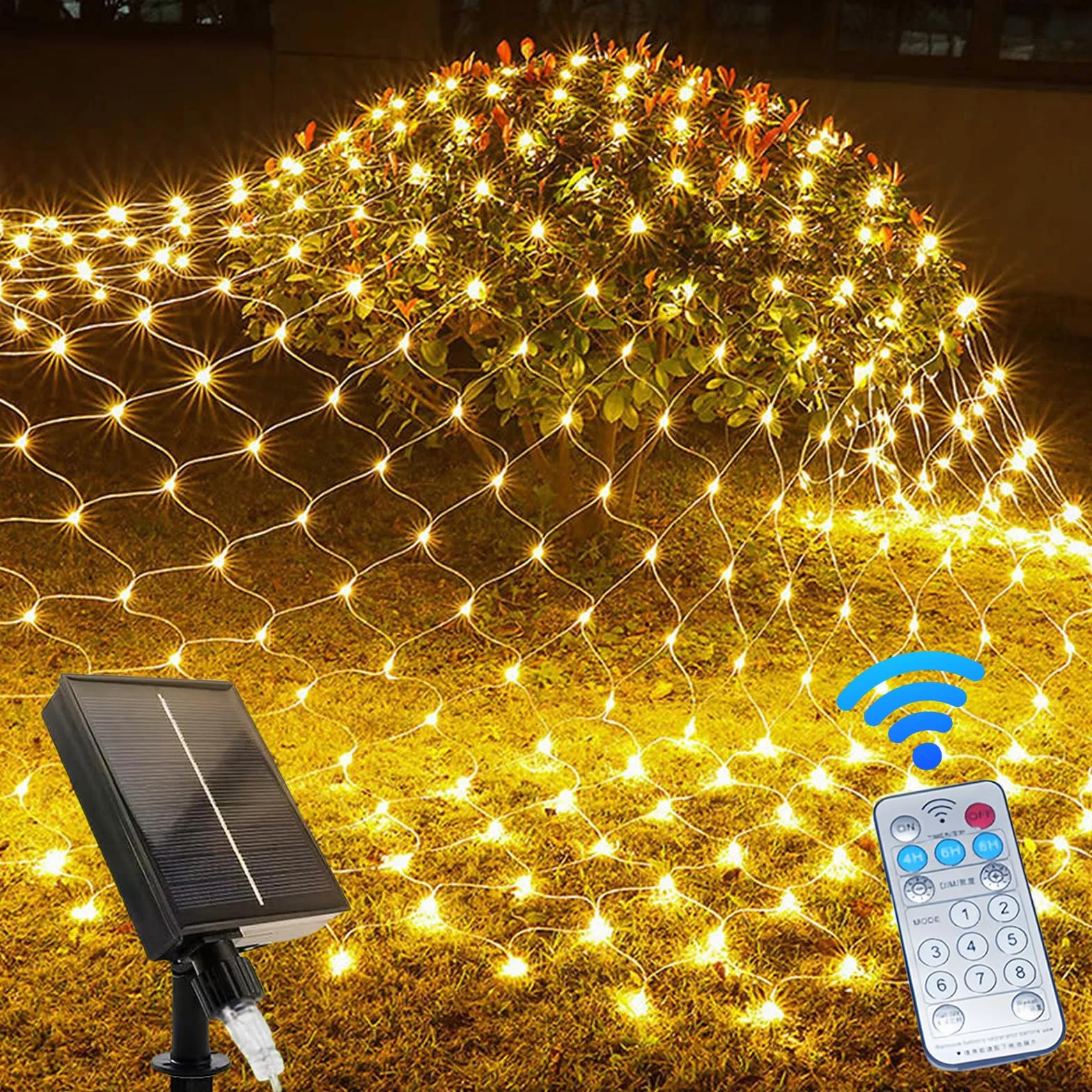 Solarna siatka świetlna na zewnątrz, 3 x 2 m, 192 diod LED, oświetlenie solarne na zewnątrz, pilot zdalnego sterowania, timer, 8 trybów, wodoszczelność IP44, łańcuch świetlny, siatka, ciepła biel, do