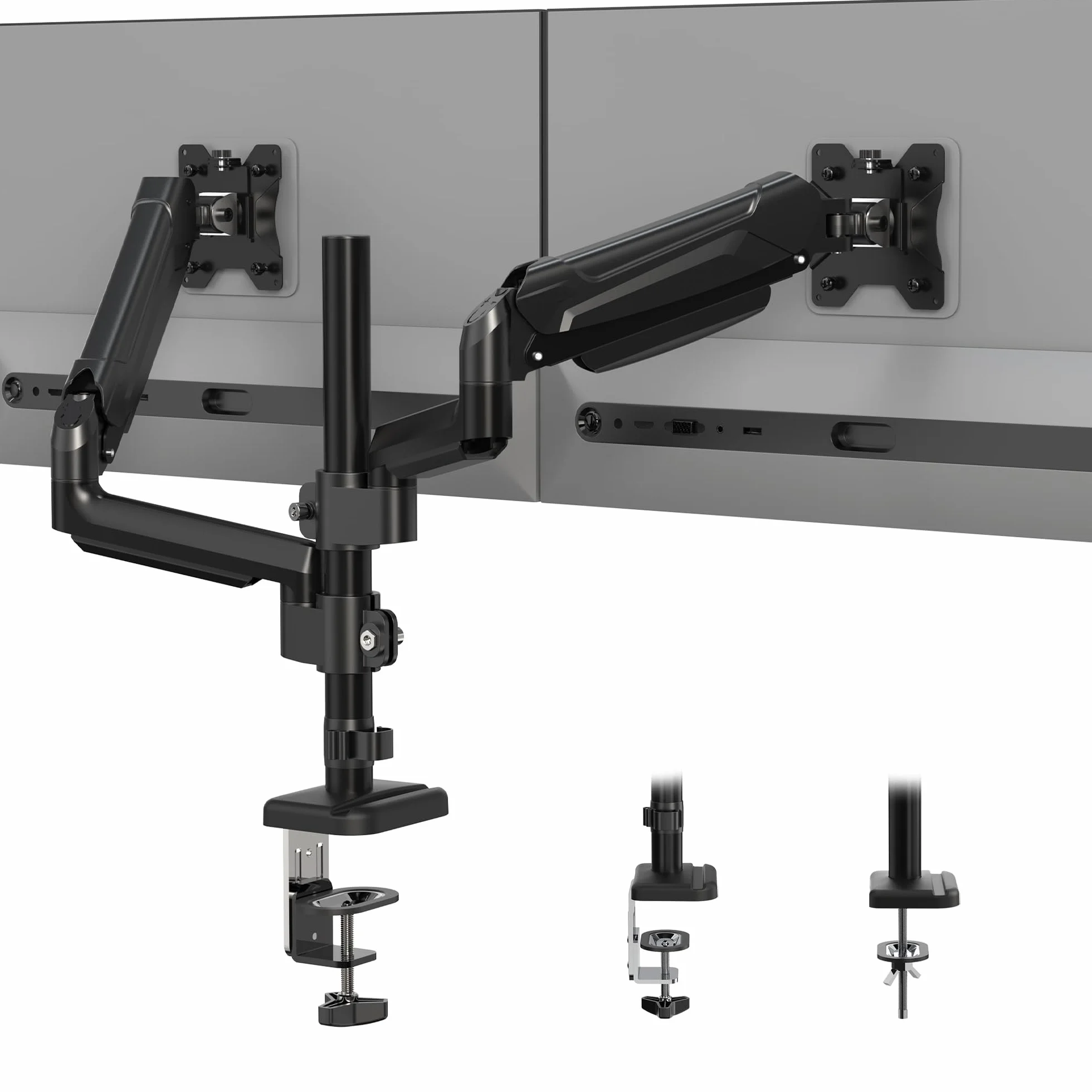 BONTEC Uchwyt biurkowy na 2 monitory 13-32 cale z ramieniem sprężyną gazową, regulacja nachylenia i obrotu, uchwyt na kable, VESA 75/100 mm, ergonomiczny stojak na monitory