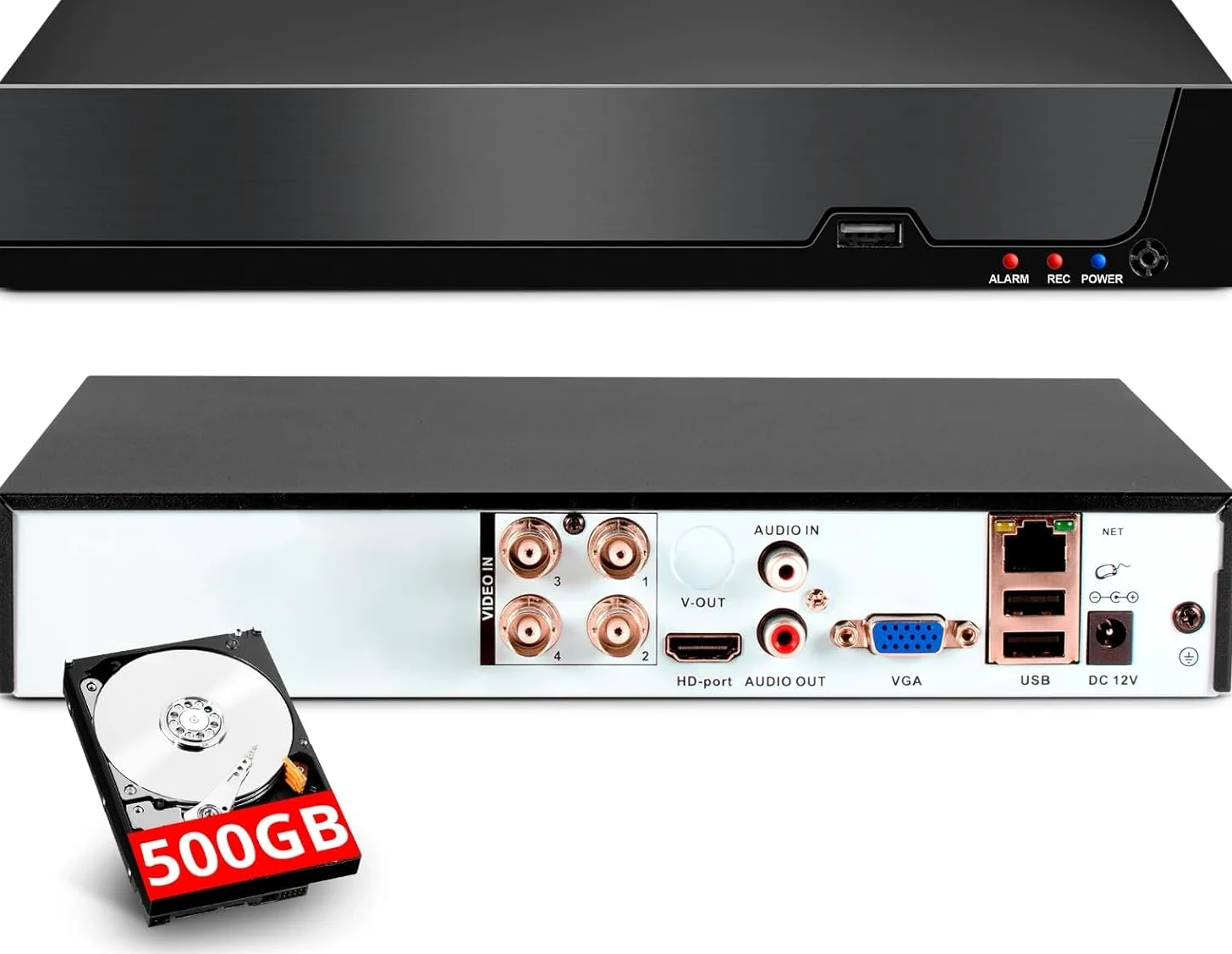 4-kanałowy rejestrator wideo CCTV z 500 GB HDD, 4 Ch 5 MP H.265+ DVR rejestrator wideo do analogowych kamer XVI AHD TVI IP, DVR do systemu monitorowania kamery bezpieczeństwa, aplikacji mobilnej i