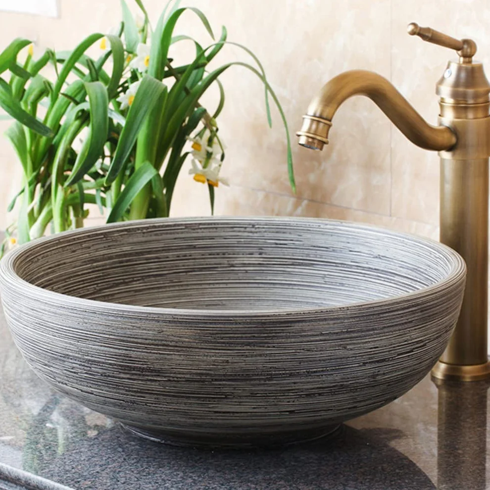 Ceramiczna Umywalka Nablatowa, Okrągła Umywalka, Artystyczna Umywalka Łazienkowa, Retro Umywalka Nablatowa, Szczotkowana Wewnątrz I Na Zewnątrz, Trwała, 41 X 41 X 15 Cm