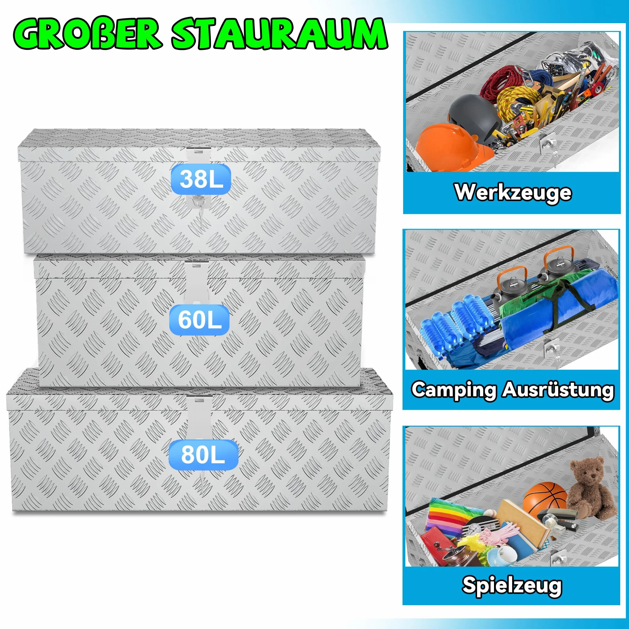 LARS360 Aluminiowa Skrzynka Transportowa 800 x 220 x 225 mm, Zamykana z Przyczepą Na Narzędzia, z Dyszlem i Pokrywką, Wytrzymała Do