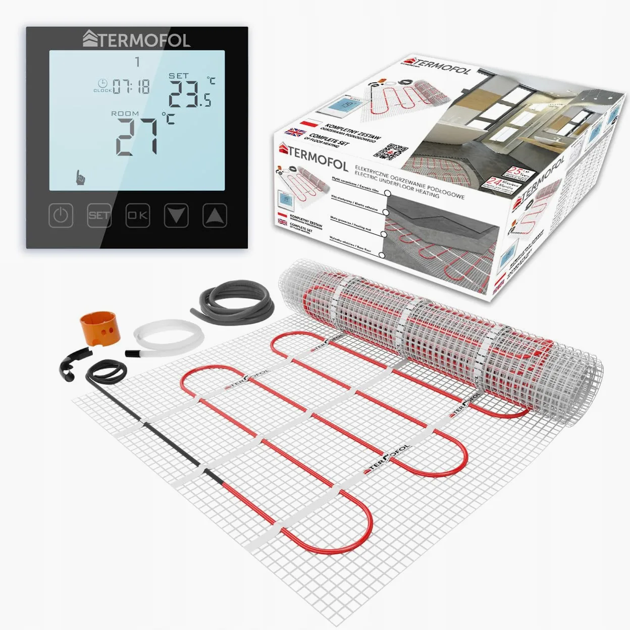 Termofol Zestaw mat grzewczych z termostatem H1, czarny, elektryczne ogrzewanie podłogowe do łazienki, salonu, kuchni, folia grzewcza o sile grzewczej 150 W/m2, powierzchnia 2,0 m², z cyfrowym
