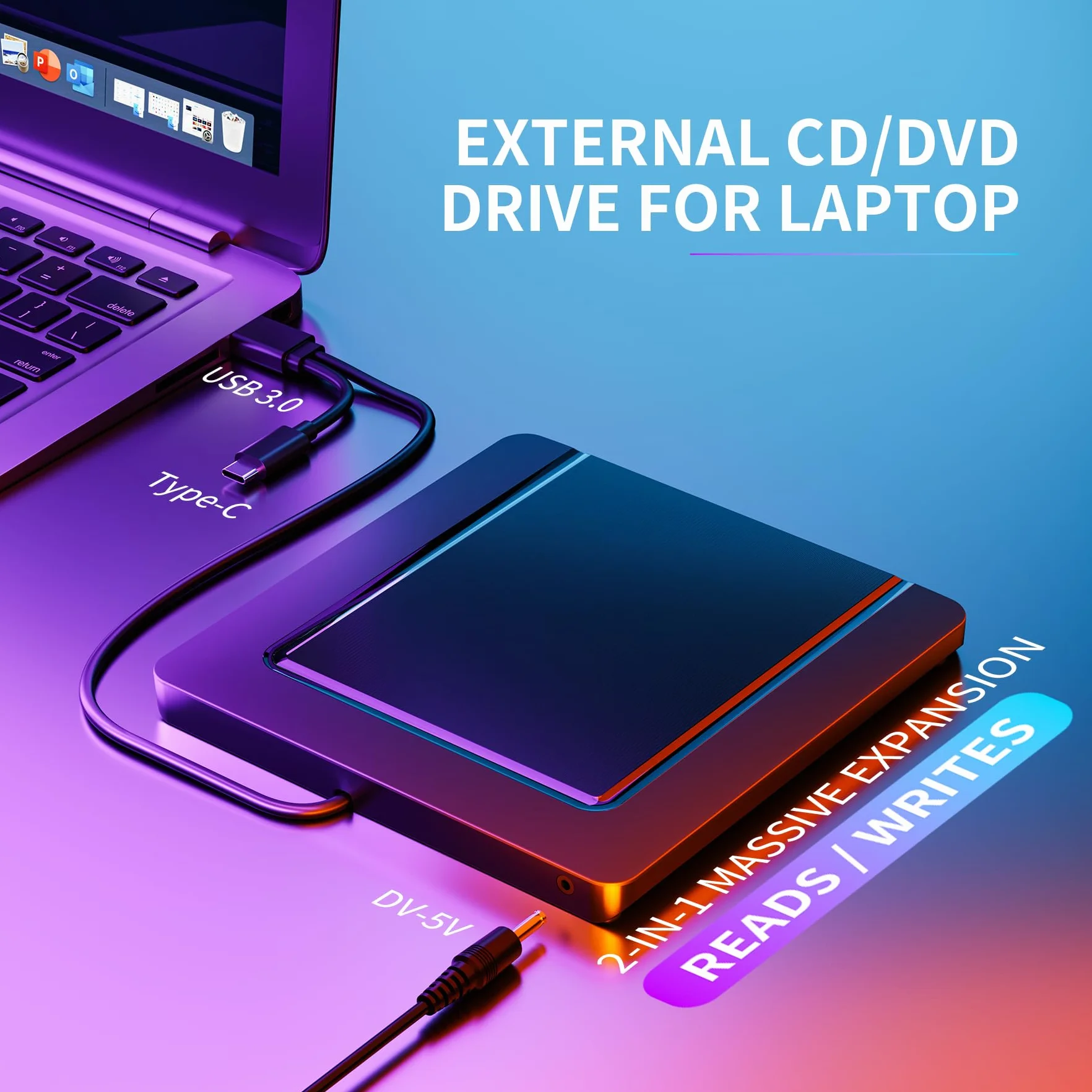 BHHB Zewnętrzne napędy CD/DVD, zewnętrzny napęd CD/DVD+/-RW USB 3.0, nagrywarka CD, czytnik DVD, kompatybilny z laptopami, komputerami stacjonarnymi, komputerami Mac, Windows 11/10/8/7 (ultracienki)