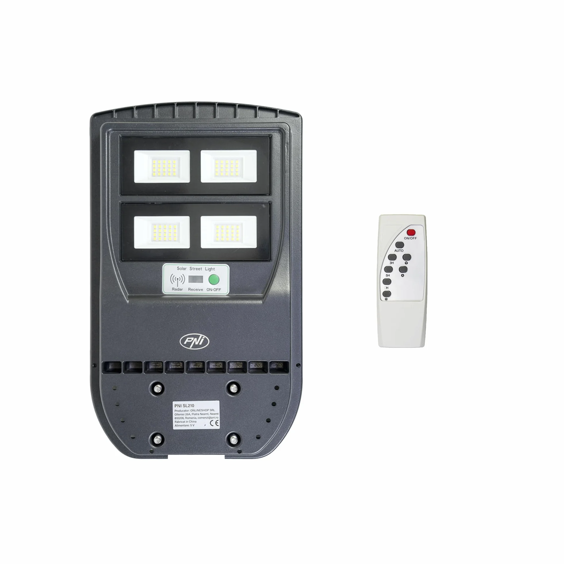 Lampa uliczna PNI SL210 100W z wbudowanym panelem słonecznym 10W, 6500K, 1000lm, 2 x wbudowany akumulator 10Ah, mikrofalowy czujnik ruchu