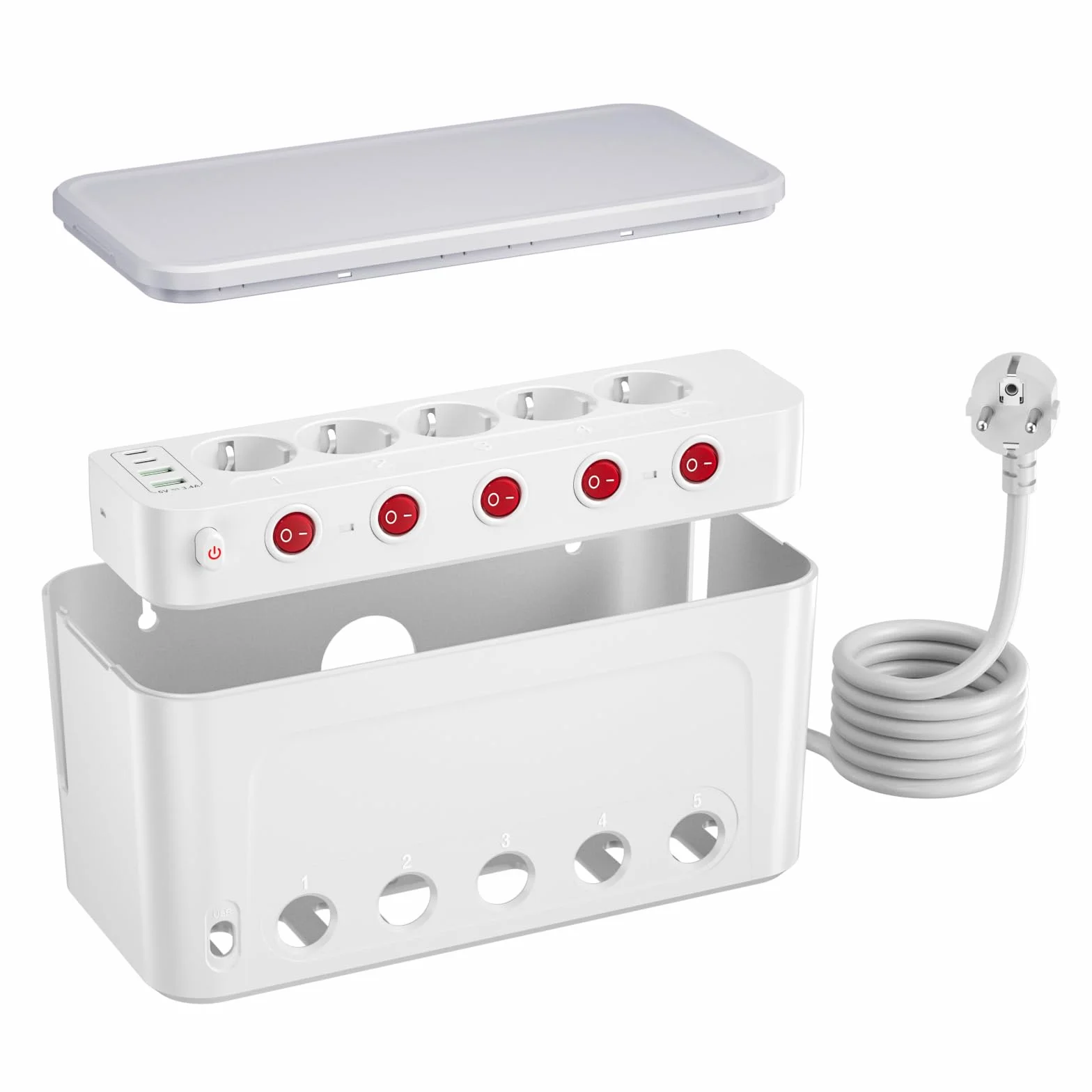 Listwa Zasilająca z Skrzynka Kablowa, Skrzynka na Kable Wielokrotne Gniazdo USB C, Duża Zarządzanie Kablami na Biurku, Listwa 5 Gniazda z Niezależnym Przełącznikiem, Przedłużacz 1,5 m, Biały
