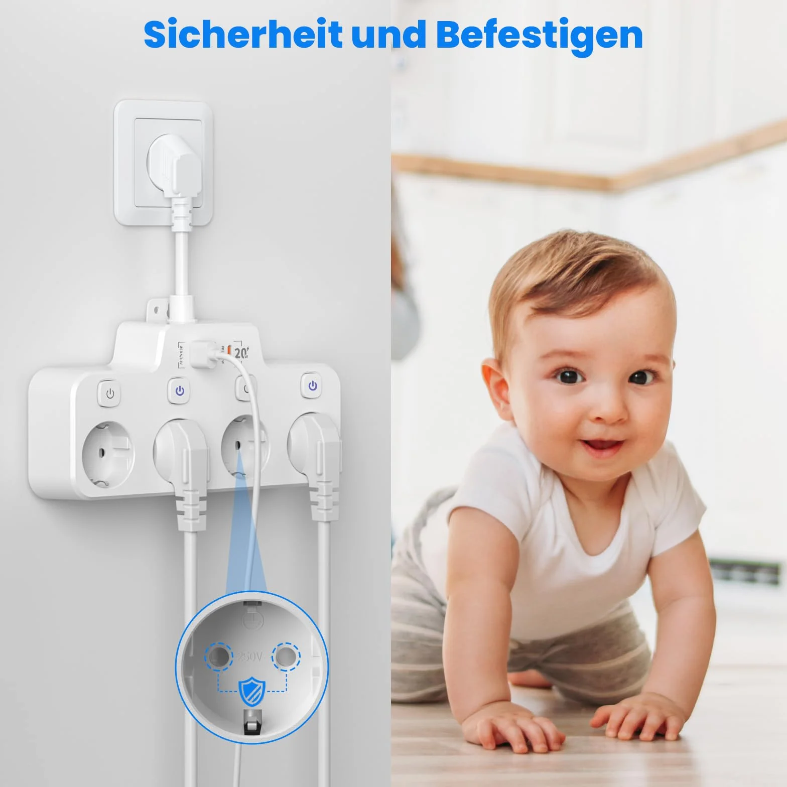 Listwa Zasilająca USB C PD 20W 4 Gniazda z Przełącznikiem Biały Kabel 0.15m