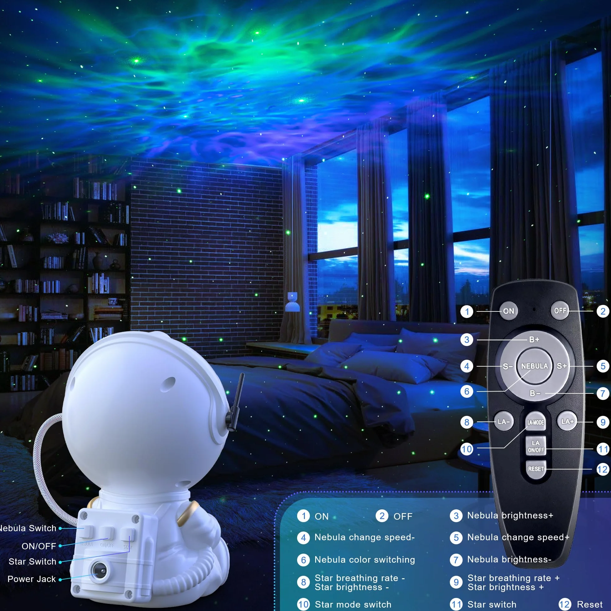 Macchiatto Projektor gwiaździstego nieba, astronauta, projektor Gwiaździste niebo, z pilotem zdalnego sterowania, 8 trybów mgławicy, obrót o 360°, lampa dla dzieci i dorosłych, sypialnia