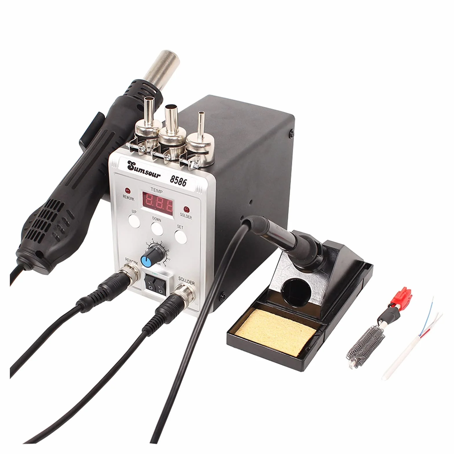 Stacja lutownicza, 2 w 1 SMD. Regork Lutownica Stacja 8586 700W Gorące Pistolet 60 W Żelazo Lutownicze z narzędziami do naprawy opuszczania