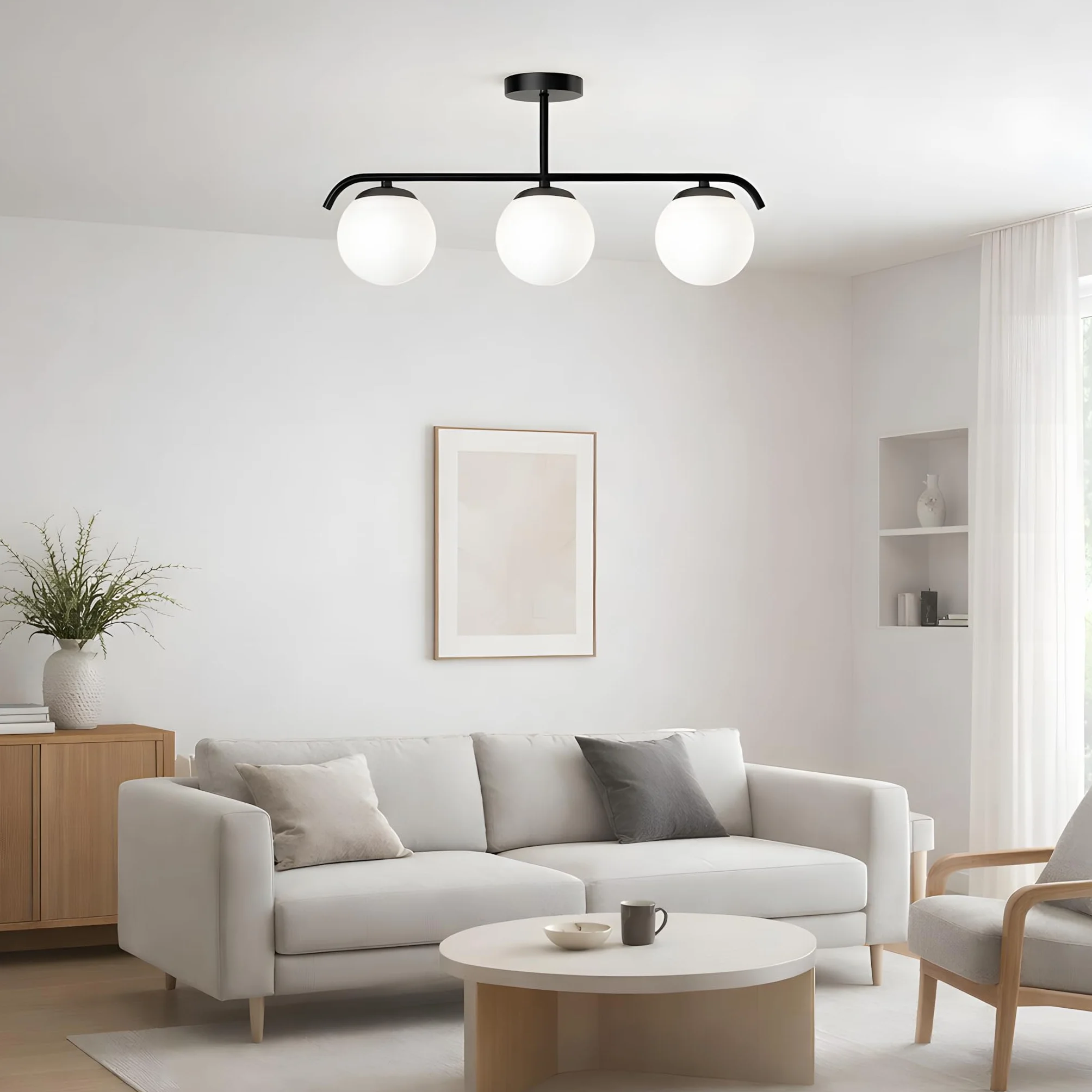 B·LED BARCELONA LED Potrójna lampa sufitowa, Talí” 3 opalowymi kulami szklanymi, 3xE27, minimalistyczny, nowoczesny styl, rozproszone oświetlenie do salonu, jadalni lub sypialni, metal kolorze łotym