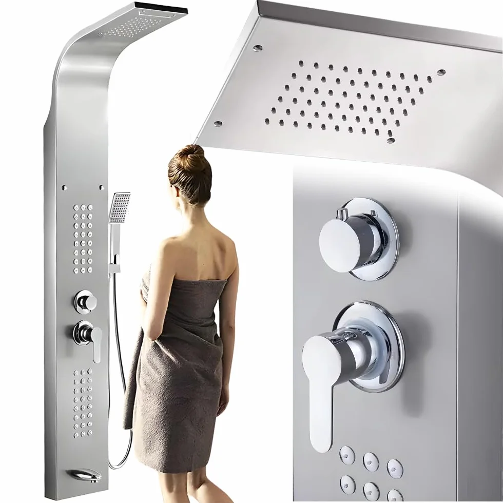 ZOLTA Panel Prysznicowy z Hydromasażem Srebrny – Niklowany Zestaw Prysznicowy z Baterią, Deszczownicą i Kranem, Nowoczesny Panel Natryskowy do Łazienki SPA