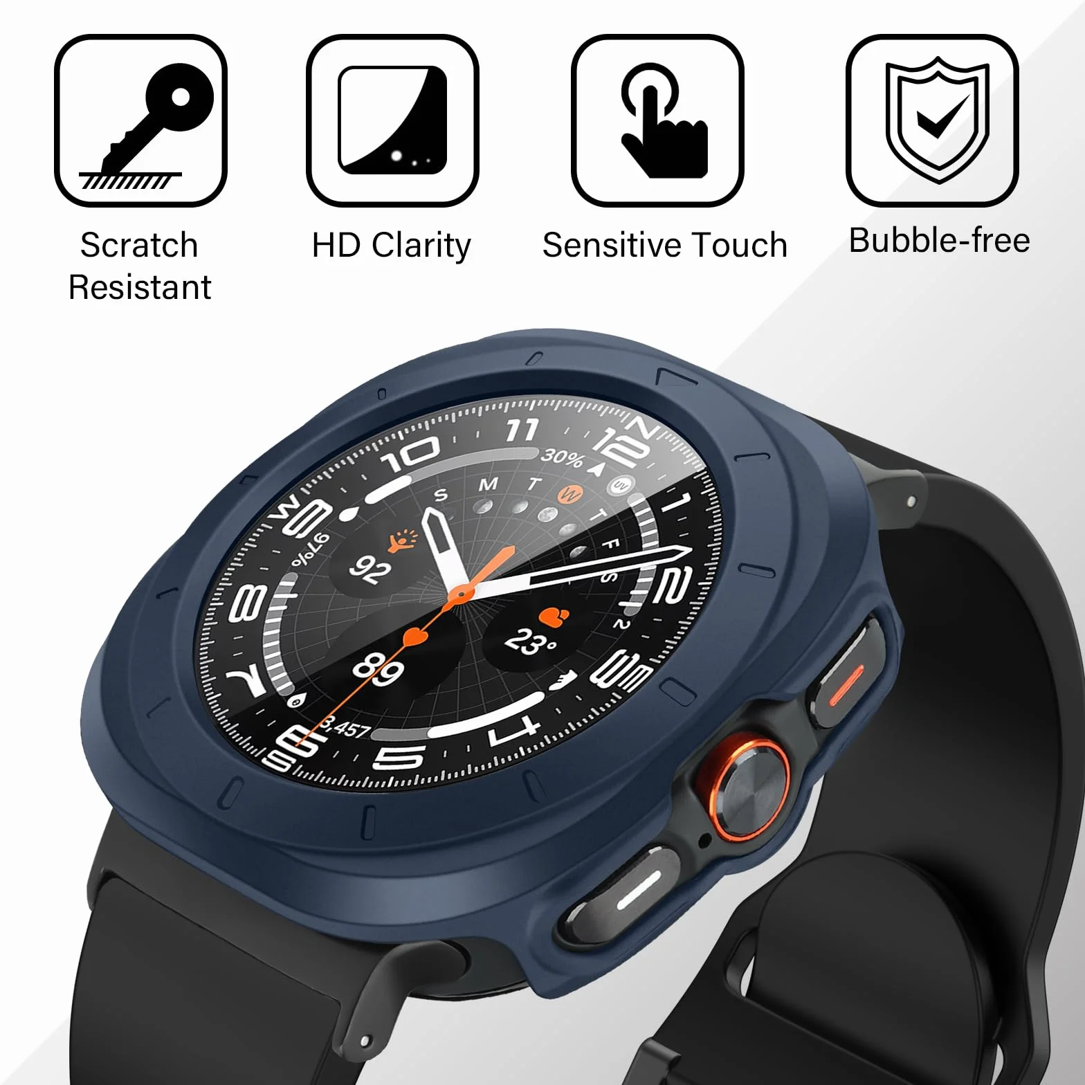 Amizee Etui kompatybilne z Samsung Galaxy Watch Ultra (2025/2024) 47 mm, szkło hartowane, cienka, odporna na zarysowania osłona ekranu do Galaxy Watch (niebieskie/przezroczysta)