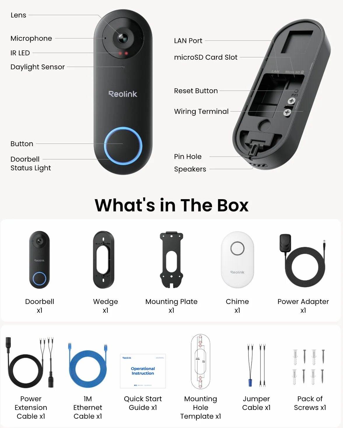 Reolink 5MP Wideodomofon WiFi z Dwukierunkowym Dźwiękiem, WiFi 2,4/5 GHz, Dzwonek Wideo z Inteligentnym Wykrywaniem/Ostrzeganiem Osób, Noktowizorem na Podczerwień, Gniazdem Kart MicroSD