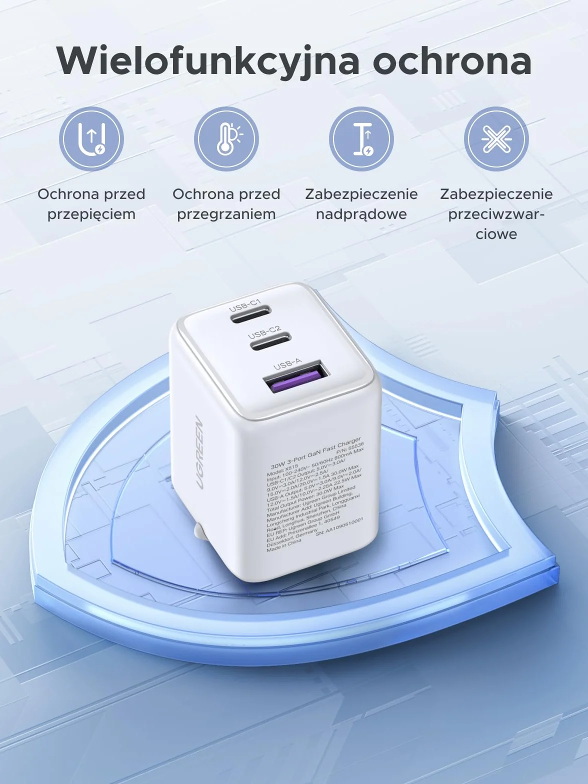 UGREEN ładowarka USB C 30W 3-portowy GaN II adapter szybkiej ładowania PD biały