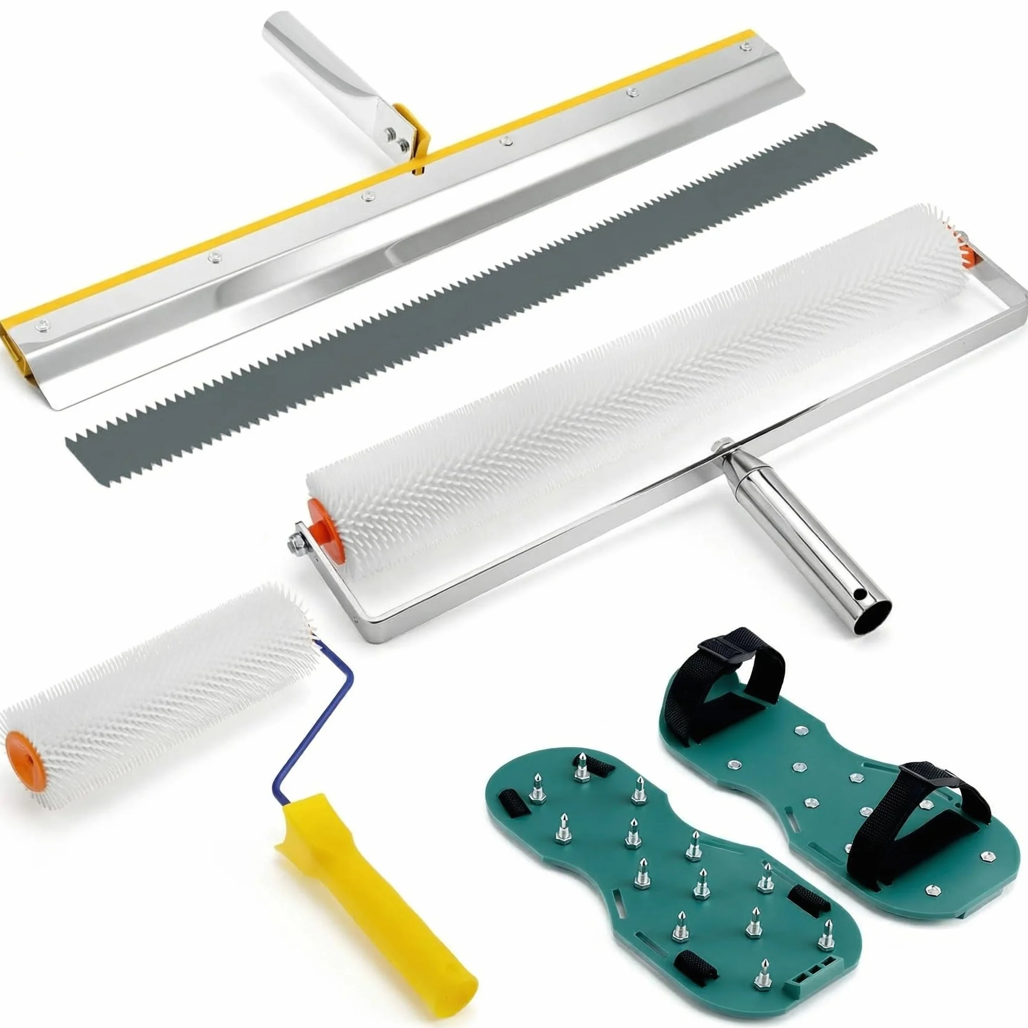 QWORK® Zestaw do podłóg, wałek odpowietrzający + nakładki epoksydowe z kolcami + ściągaczka stojąca ściągaczka do dużych powierzchni