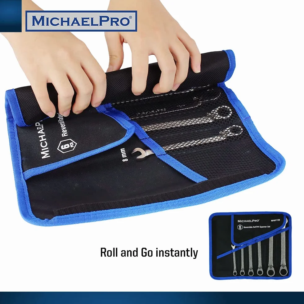 MichaelPro MP001139 zestaw kluczy płasko-oczkowych z przełączaną grzechotką, metryczny, 6-częściowy, 8,10,12,13,17,19 mm, klucz płaski z zwijaną torbą