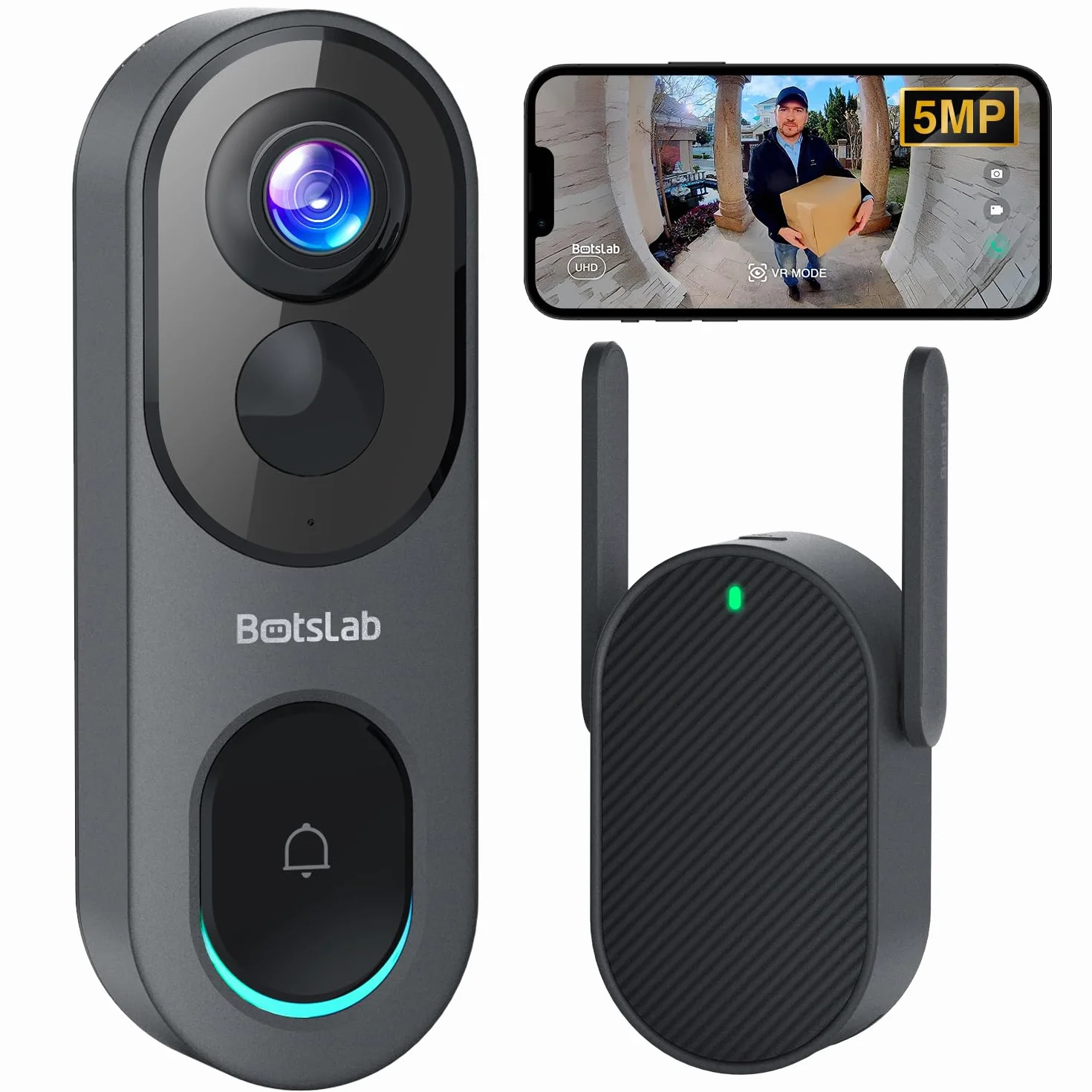 BOTSLAB Bezprzewodowy dzwonek do drzwi wideo, 5 MP, Wi-Fi, dzwonek do drzwi z kamerą, wideo z widokiem od góry do stóp 1:1, akumulator 210 dni, bez opłaty miesięcznej, 2,4/5 GHz Wi-Fi, 2-drożne audio,