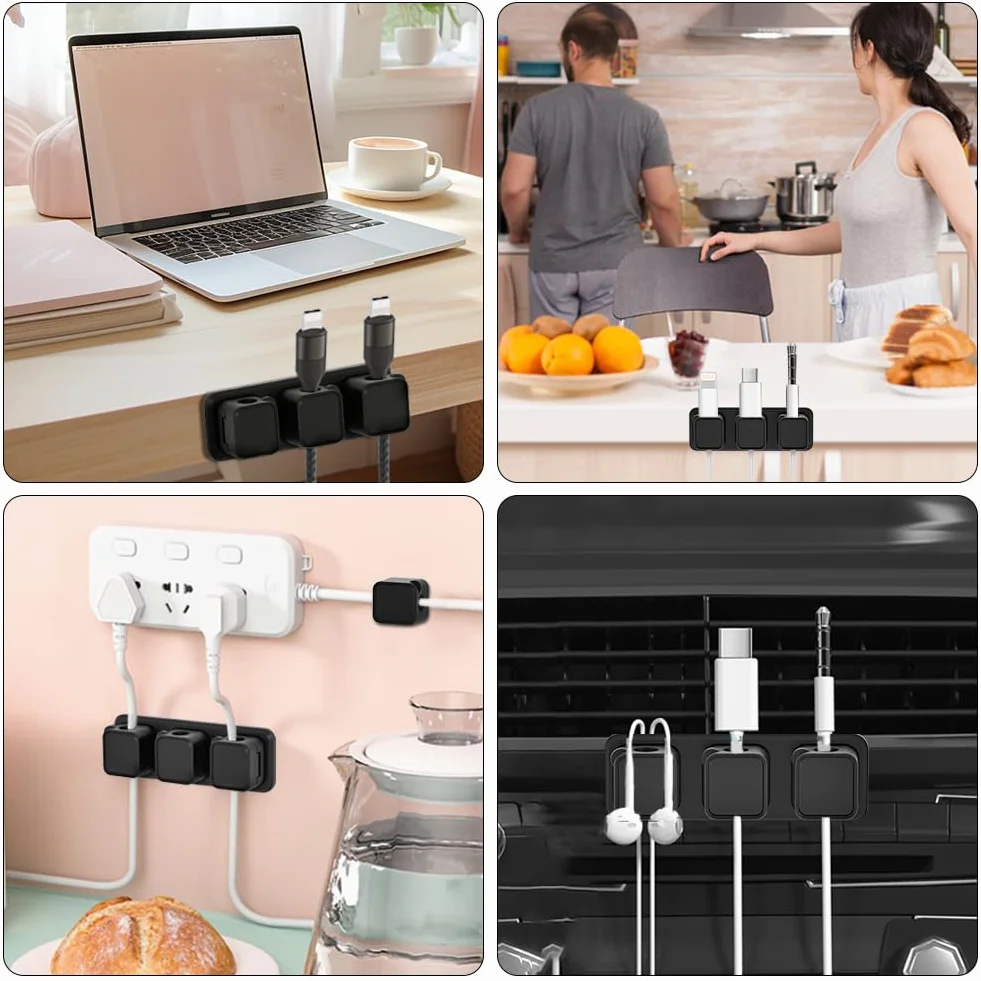 Uchwyt do organizera, 2 x 3 gniazda, samoprzylepne magnetyczne klipsy na biurko, organizer na przewody, organizer na biurko na stolik nocny, do biura, USB, kabel audio, kabel komputerowy