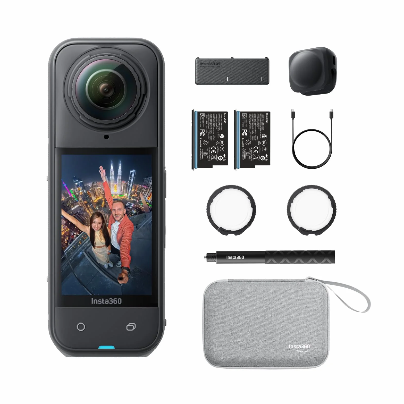Insta360 X5 Must-Have-Bundle - wodoszczelna kamera 8K 360°, wiodąca przy słabym świetle, niewidoczny efekt selfie, wytrzymałe i wymienne soczewki, akumulator 3 h, zintegrowana ochrona przed wiatrem