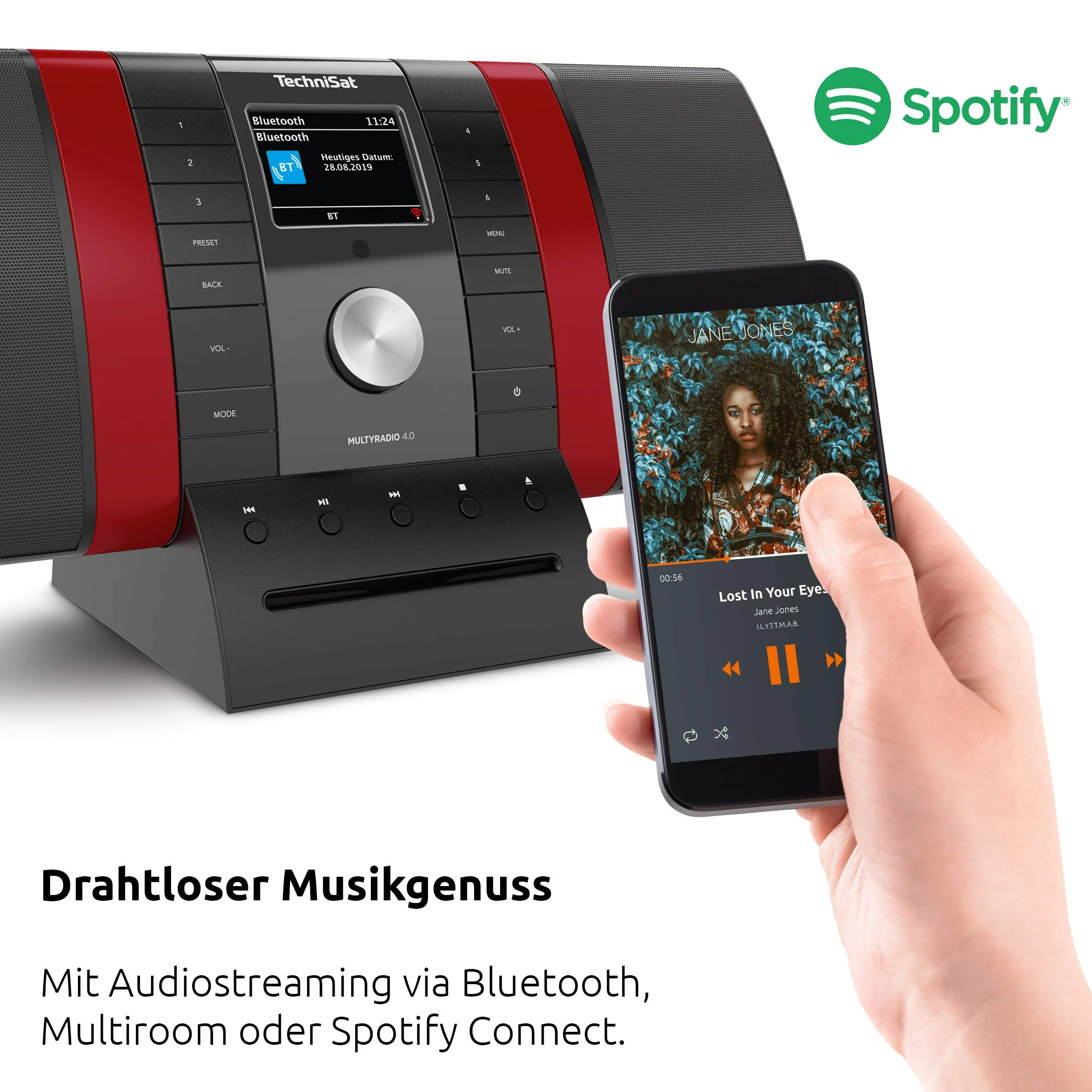 TechniSat MULTYRADIO 4.0 - radio internetowe (WLAN, DAB+, UKW, Spotify, Bluetooth, odtwarzacz CD, USB, kolorowy wyświetlacz, streaming muzyki, 2 x 10 W głośniki stereo) czarne/czerwone