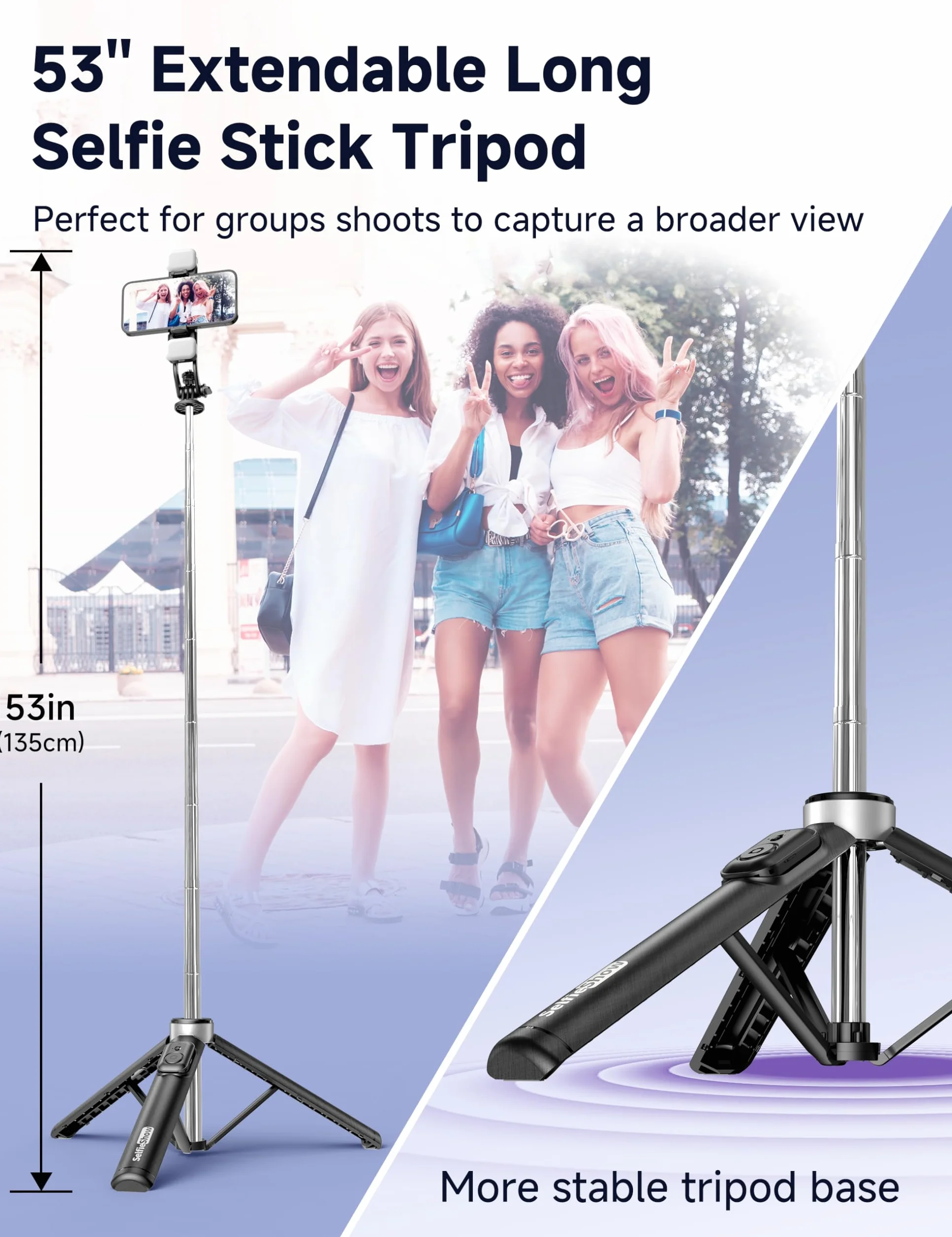Selfie Stick 135CM z Lampkami Wypełniającymi, Uniwersalny Statyw do Telefonu z Pilotem
