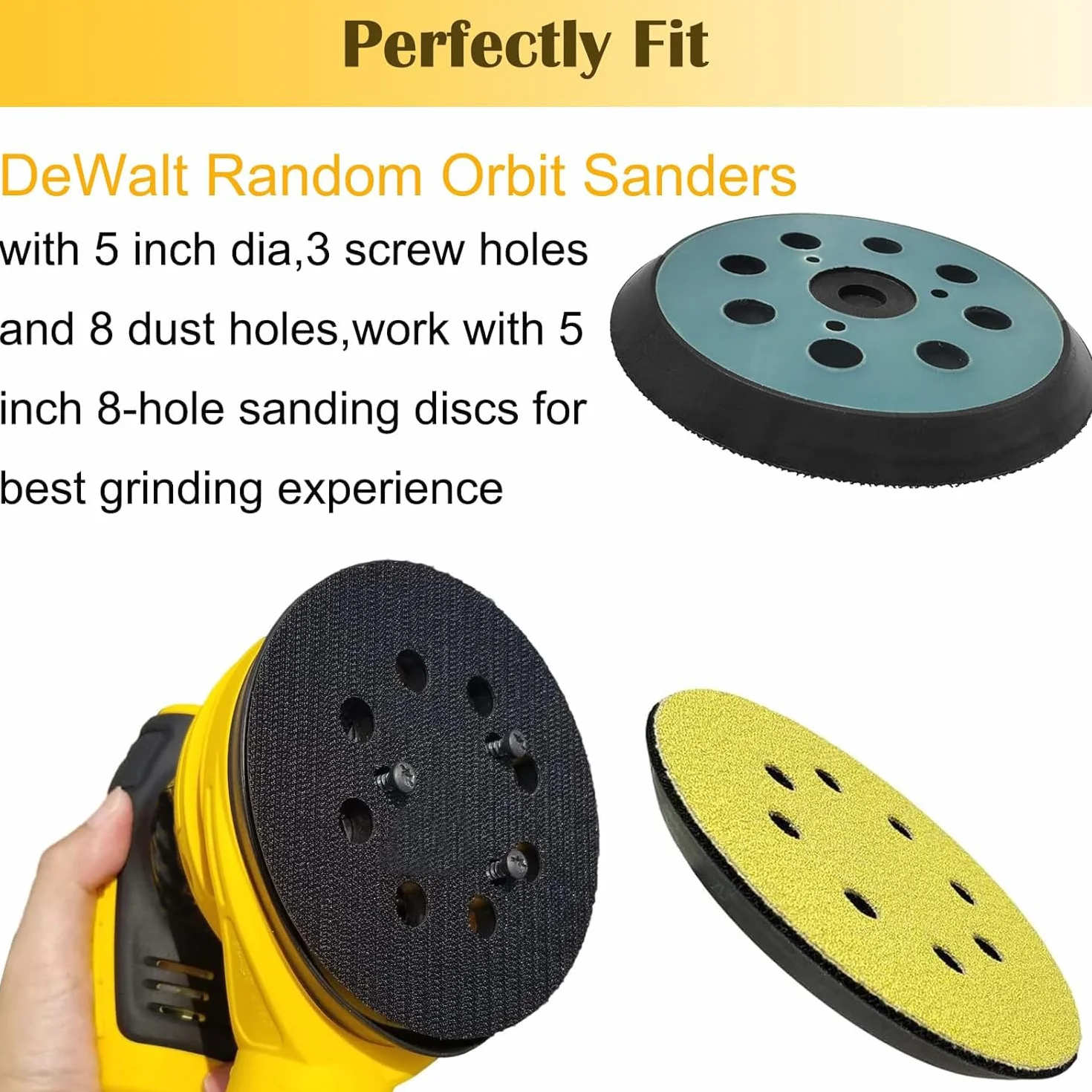 2-pak wymiennych podkładek szlifierskich do szlifierki Dewalt 12.7 cm, 8-otworowe podkładki szlifierskie na rzep do szlifierki oscylacyjnej DeWalt DW420 DW421 DW422 DW423 DW426 D26451