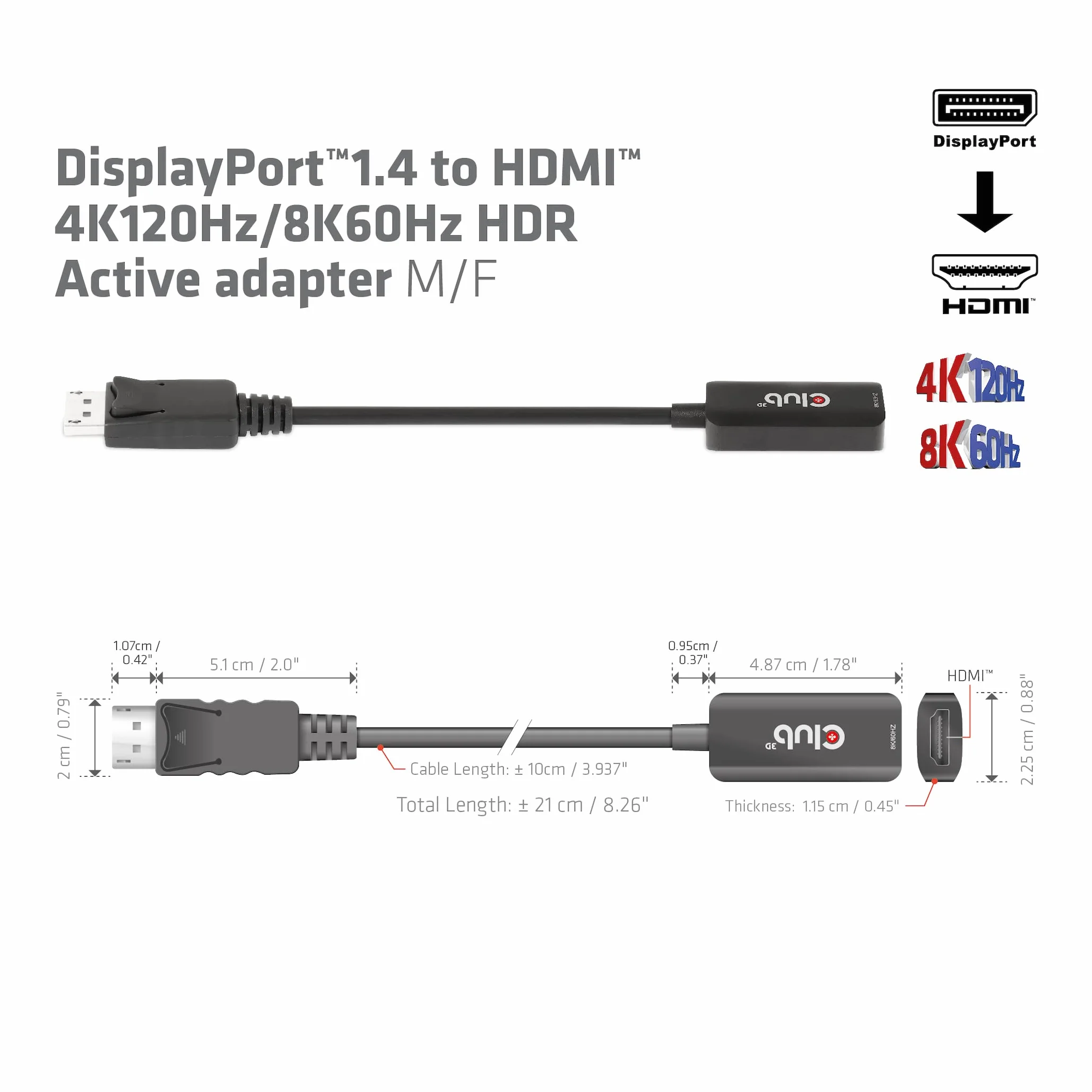 Club3D DisplayPort 1.4 na HDMI 4K120Hz 8K60Hz HDR aktywny adapter