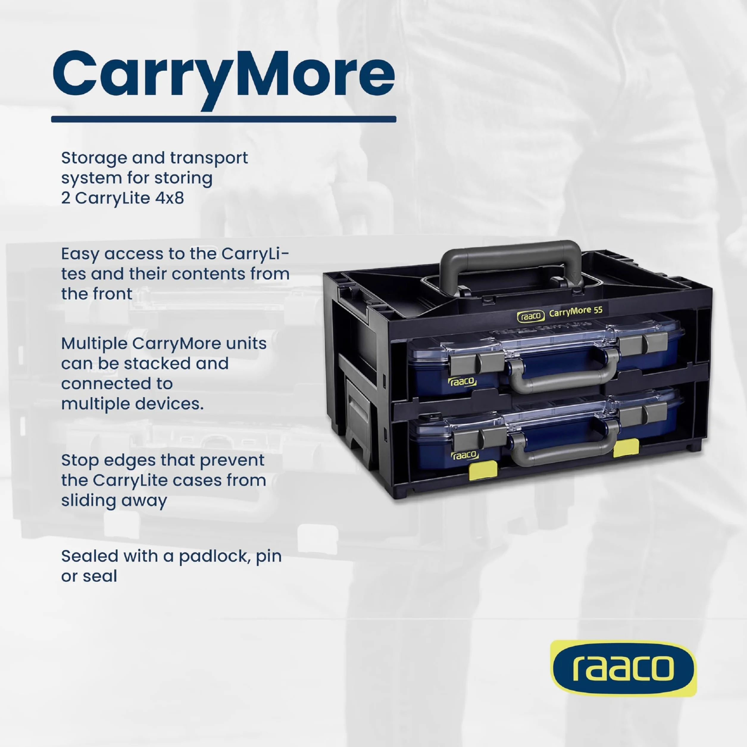 raaco CarryMore 55 x 2: lekka skrzynka asortymentowa do warsztatu, Kistenberg z 2 skrzynkami do sortowania małych części, nośność 25 kg, bezpieczny transport przechowywania, magazynek na małe części