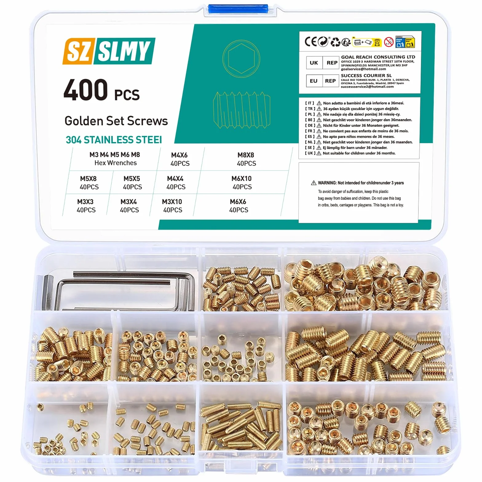 Zestaw 400 śrub z łbem dociskowym, M3/M4/M5/M6/M8, zestaw śrub z łbem sześciokątnym, do klamki drzwi, sześciokątne śruby z łbem sześciokątnym, złote (400)