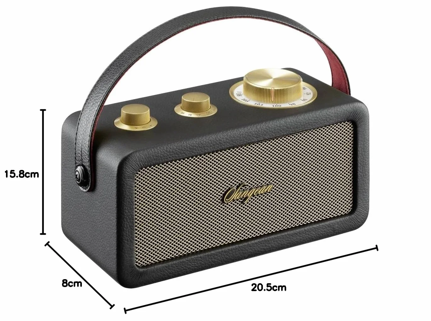 Sangean RA-101 Black Gold. Retro wzór drewna i skóry syntetycznej. Bluetooth 5.0. Autonomia 19 Godziny z pełnym obciążeniem. AUX-in dla zewnętrznych źródeł audio.