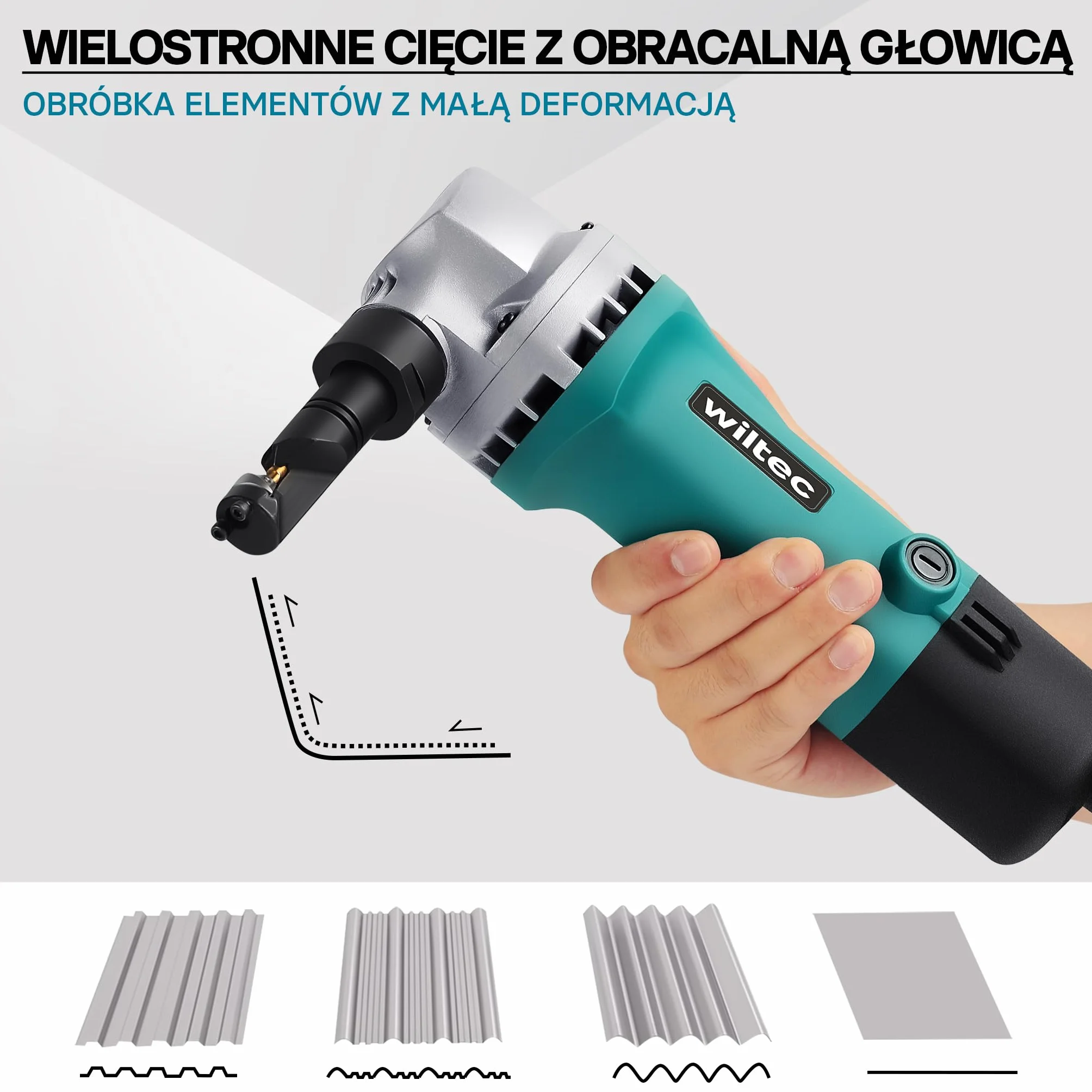 Wiltec Nożyce do blachy elektryczne 500 W, maks. głębokość cięcia 2,5 mm bez deformacji do blach prostych i falowanych, obrotowa głowica 360°