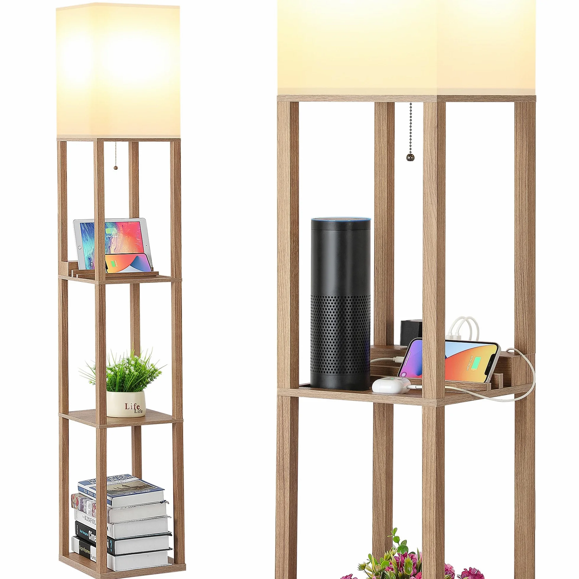 Lampa stojąca 3 w 1 z półką i stacją ładującą, gniazdem USB typu C i AC, 3-poziomowa lampa stojąca z oświetleniem LED do sypialni, salonu, biura, nowoczesna, wysoka lampa podłogowa (63”)