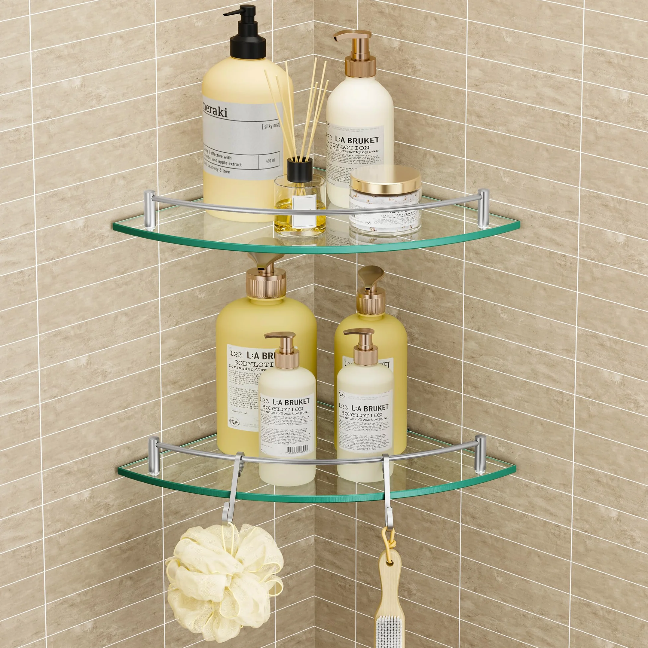 KES Szklana Półka Narożna Półka łazienkowa ścienna Szklana Półka Prysznicowa Szkło Hartowane z Szyną Ze Stali Nierdzewnej SUS 304 Szczotkowane Wykończenie, BGS2101A-2