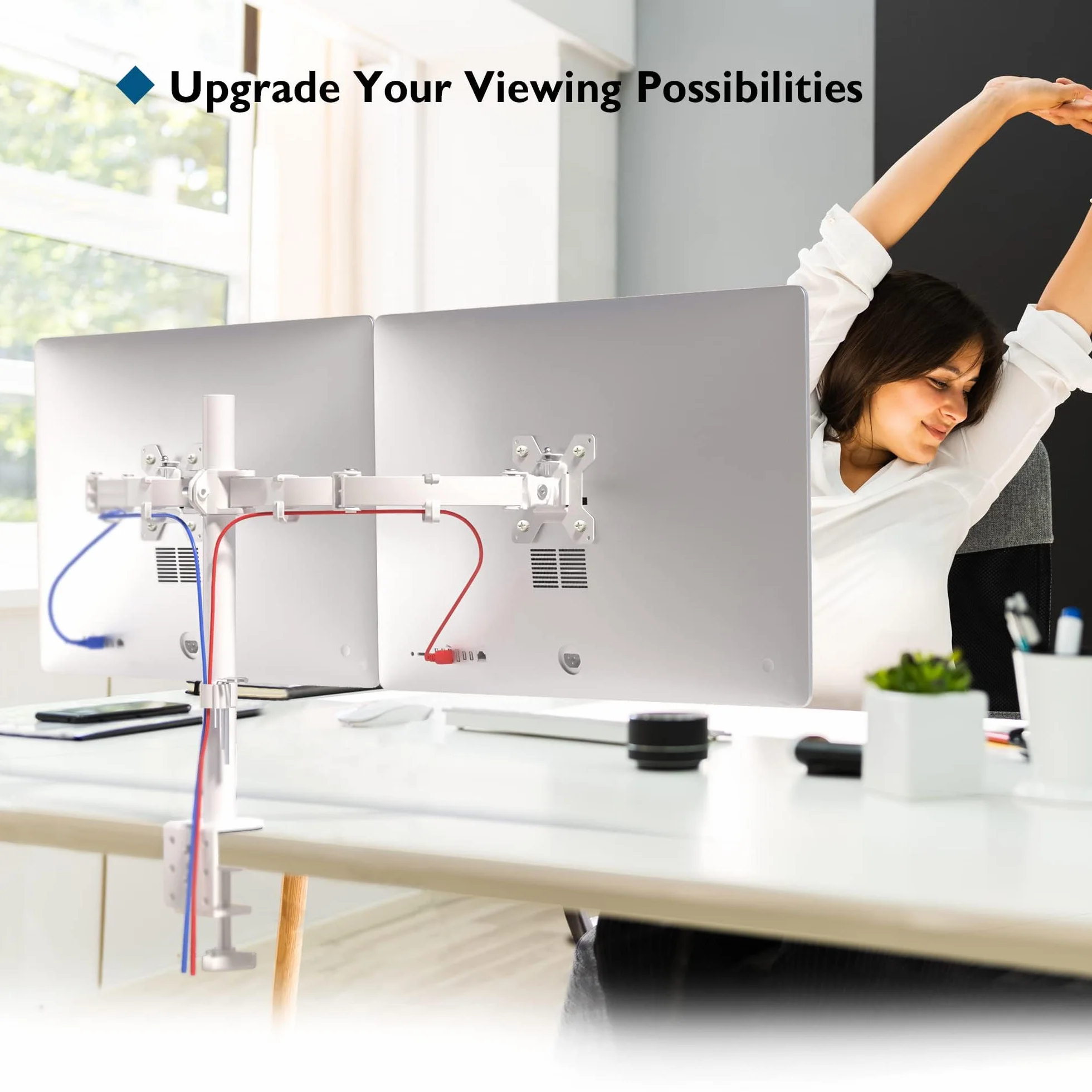 BONTEC Podwójny Stojak na Monitor 13–27'', Ergonomiczny Uchwyt, Regulacja Wysokości, Nachylenie 90°, VESA 75/100, Biały