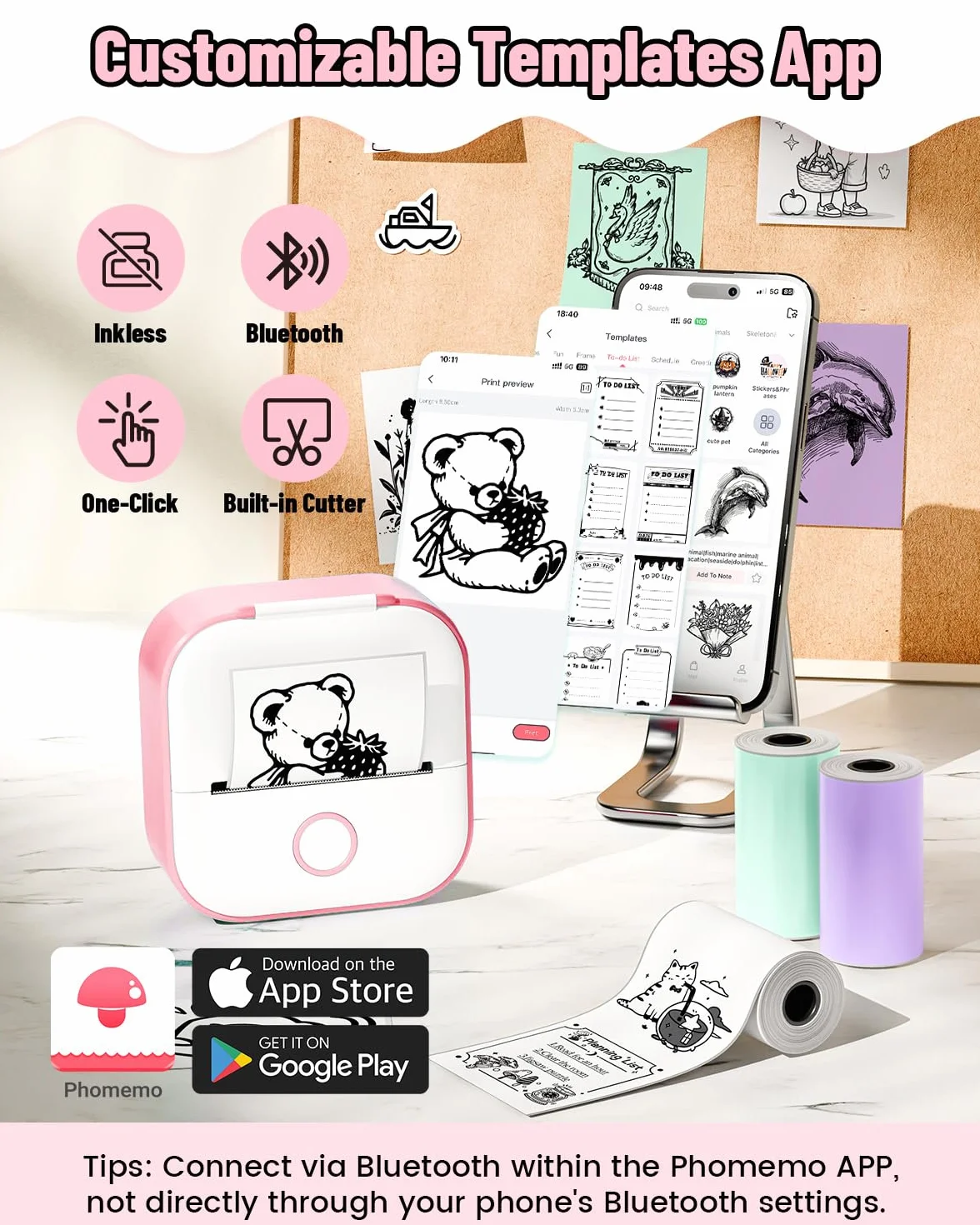 Phomemo T02 Mini drukarka etykiet Bluetooth 203DPI z 3 rolkami papieru termicznego