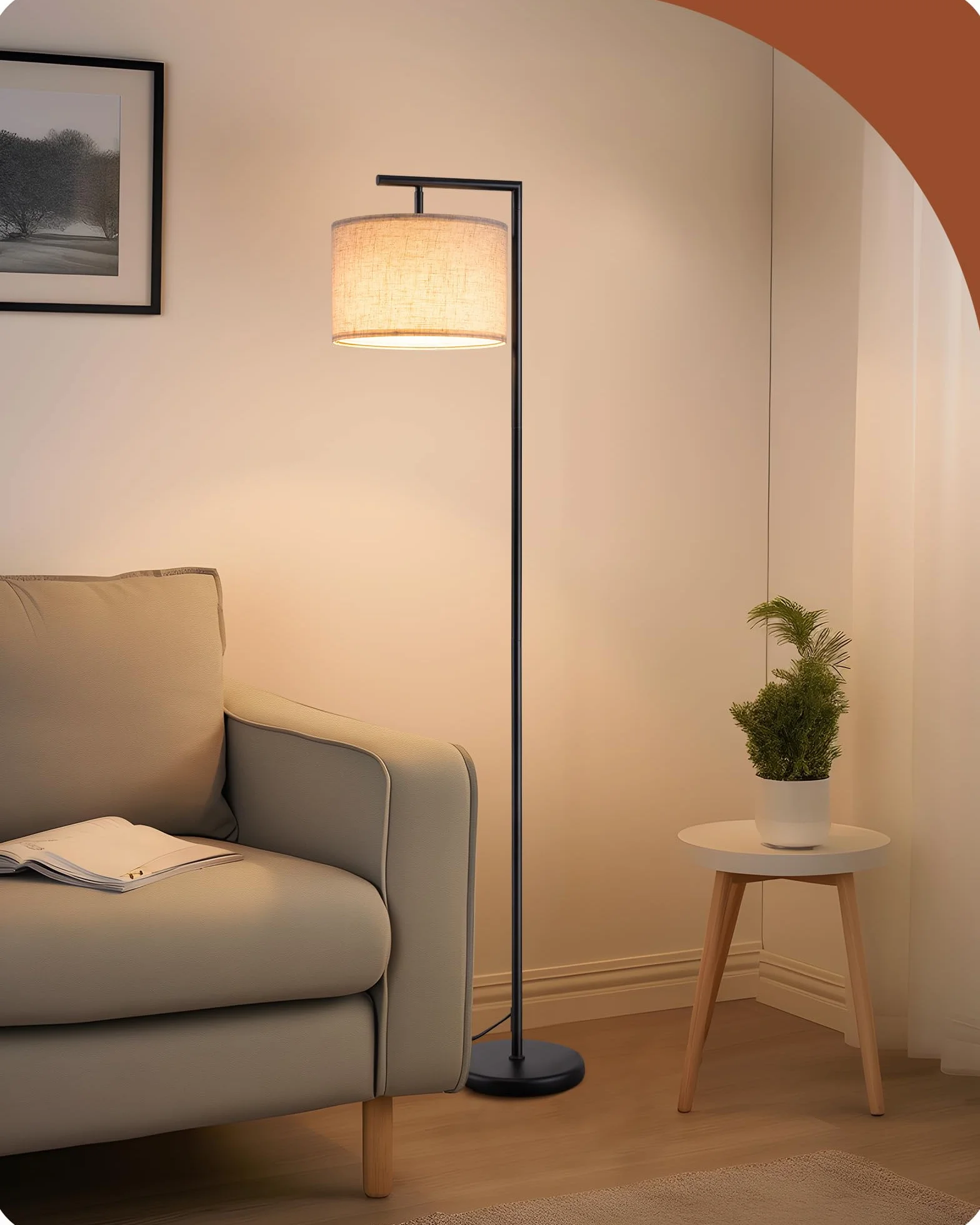 EDISHINE Lampa stojąca do salonu, lampa łukowa z beżowym lnianym kloszem, gniazdo E27, 160 cm, czarna lampa podłogowa z regulowanym kloszem, do sypialni, pokoju dziecięcego