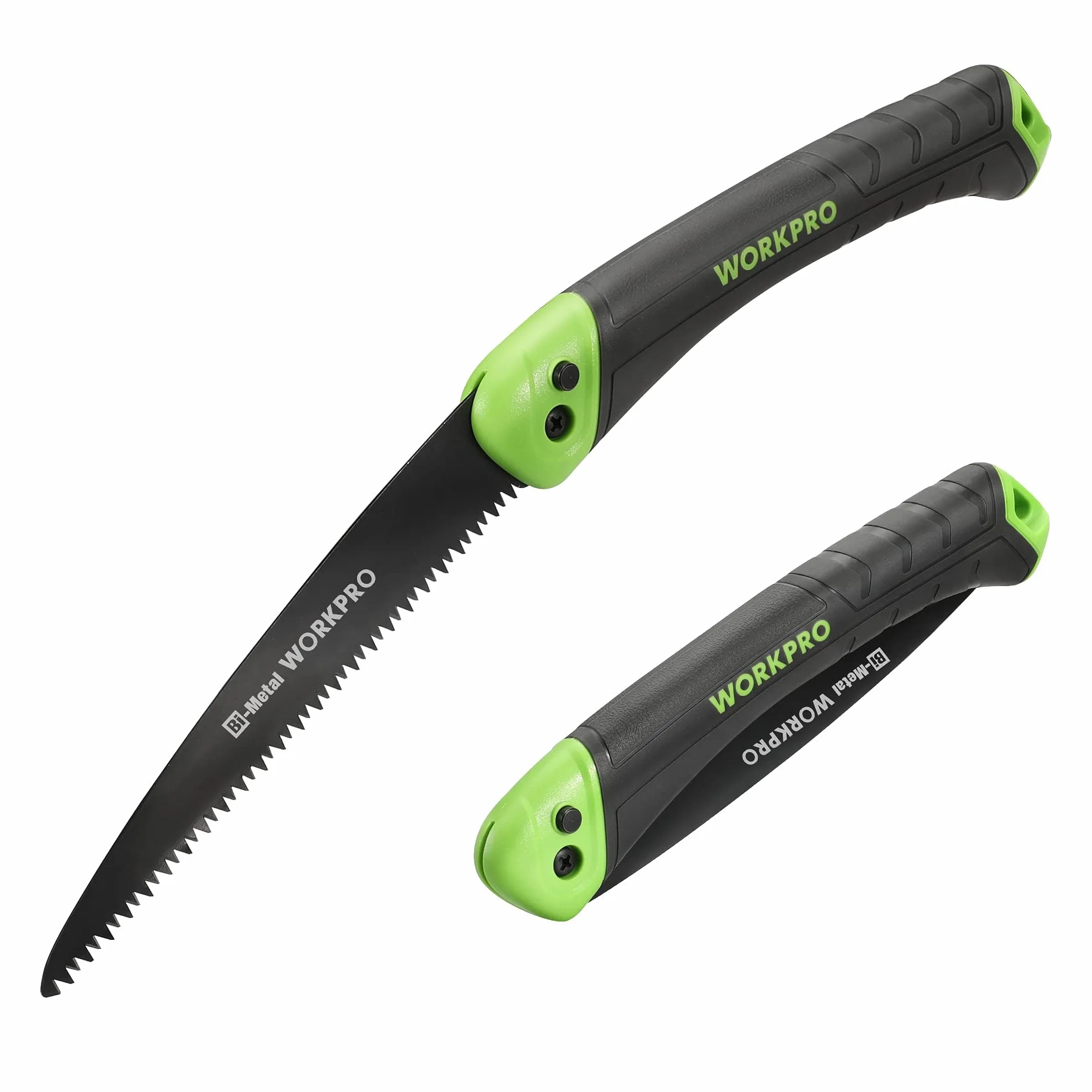 WORKPRO Piła do przycinania, składana piła ręczna 18 cm z bezpiecznym zamkiem, bimetalowy brzeszczot D6A+M2, potrójne zęby, przycisk, miękki uchwyt, składana piła do drewna, ogrodnictwa, na kemping,