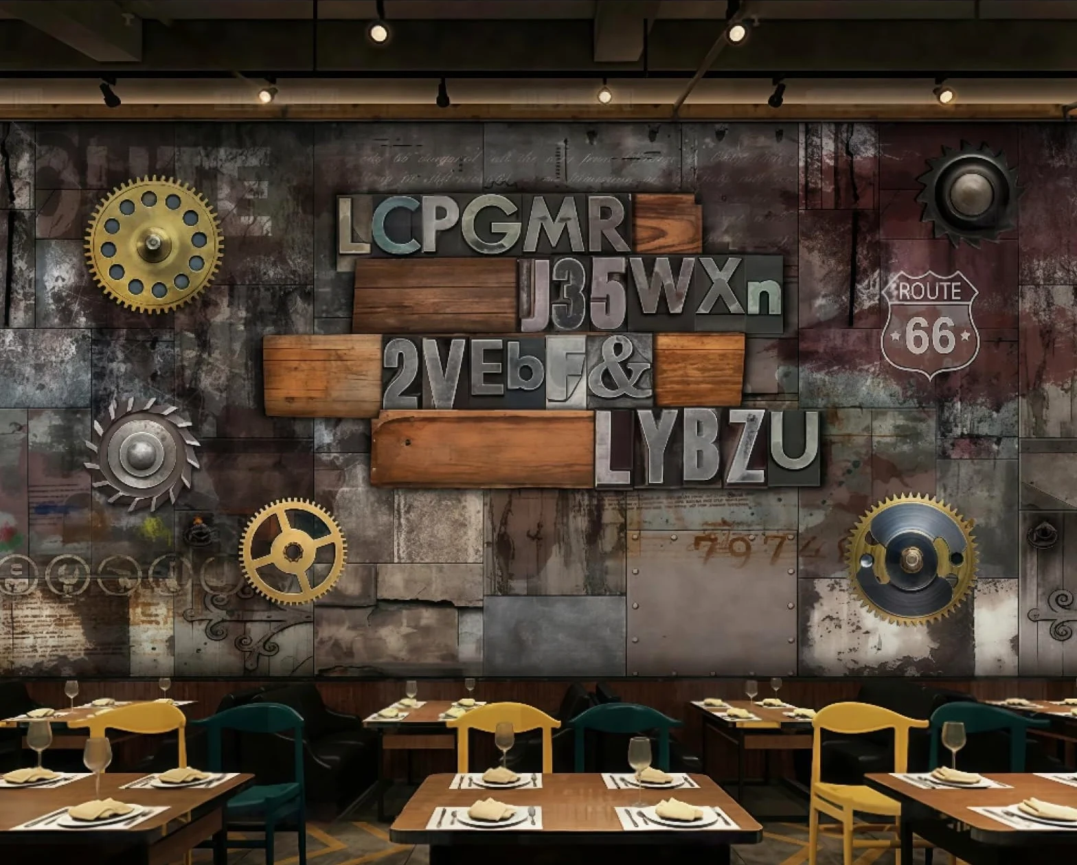 Tapeta retro żelazo mechaniczna przekładnia trójwymiarowa litera motyw bar zachodnia restauracja tło ścienne popołudniowa herbata kawa tapeta, 3D, 350x245cm