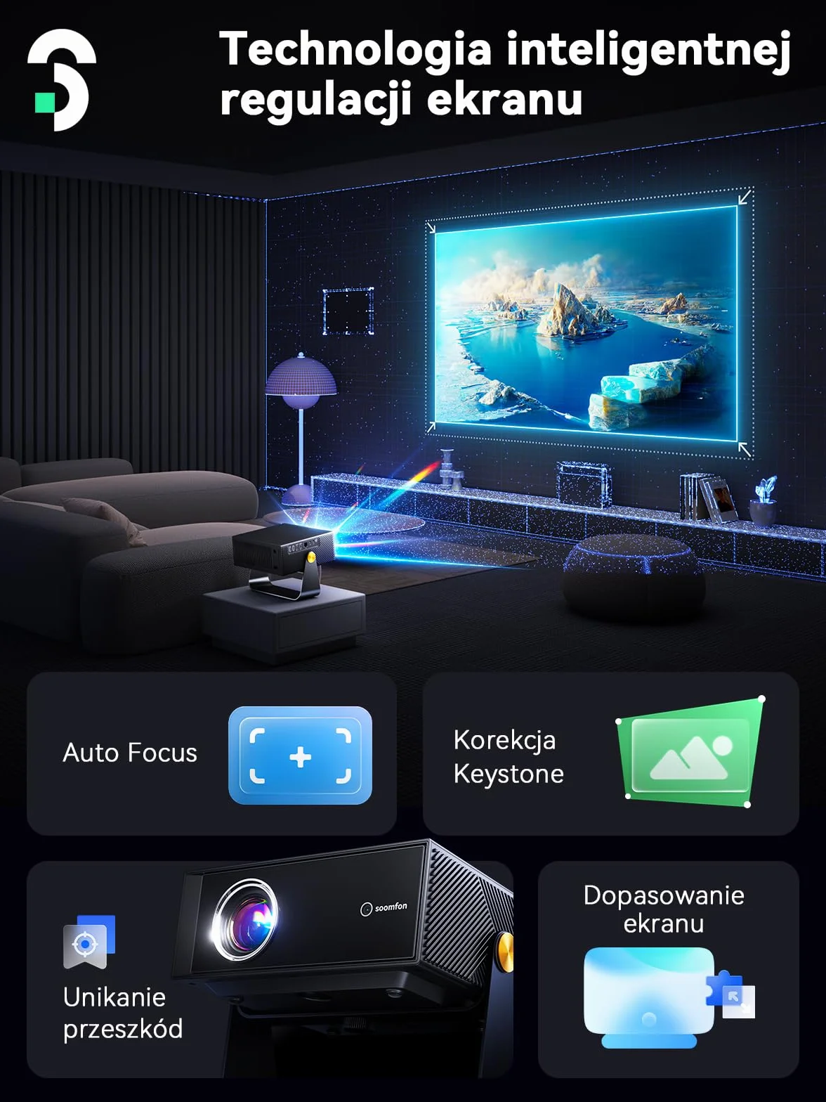SOOMFON SK3 Projektor WiFi Bluetooth 1080P Natywny przenośny projektor filmowy Automatyczne ustawianie ostrości korekcja zniekształceń