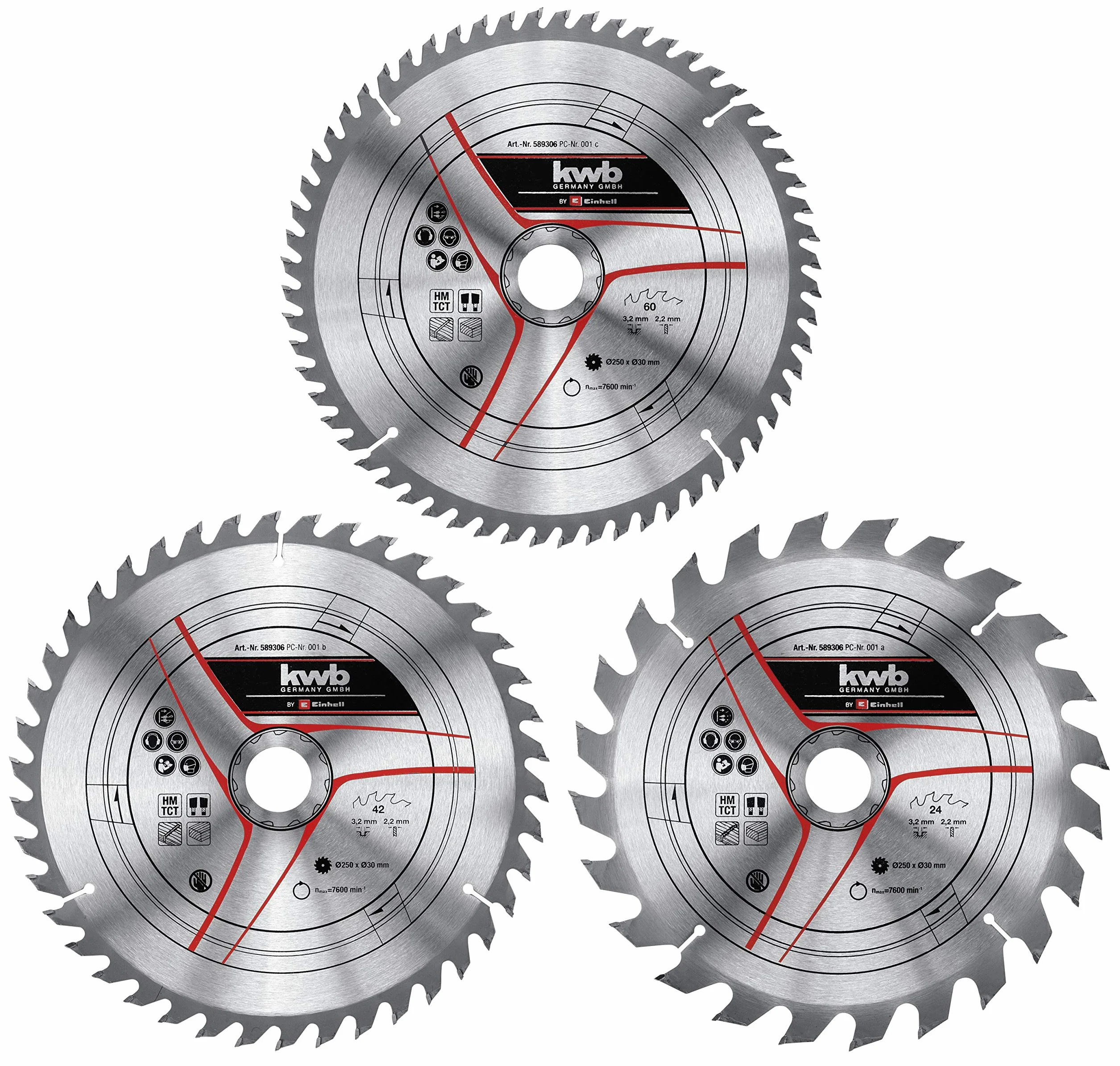 kwb by Einhell 3-częściowy zestaw brzeszczotów do piły tarczowej 250 x 30 mm Stat. akcesoria do piły (3 x brzeszczoty HM, Ø 250 x 30 mm, 1 x 24 Z, 1 x 42 Z, 1 x 60 Z, pasuje do stołowych pił