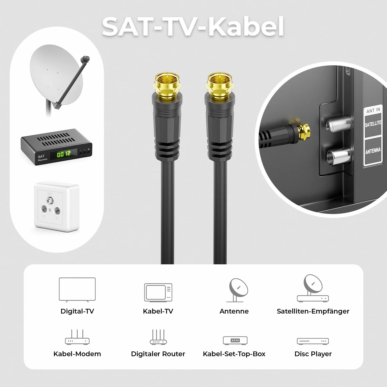 deleyCON 1,5m SAT TV Kabel Antenowy Koncentryczny HDTV 4-Krotne Ekranowanie DVB-S DVB-S2 Radio DAB Pozłacane Metalowe Wtyki Czarny