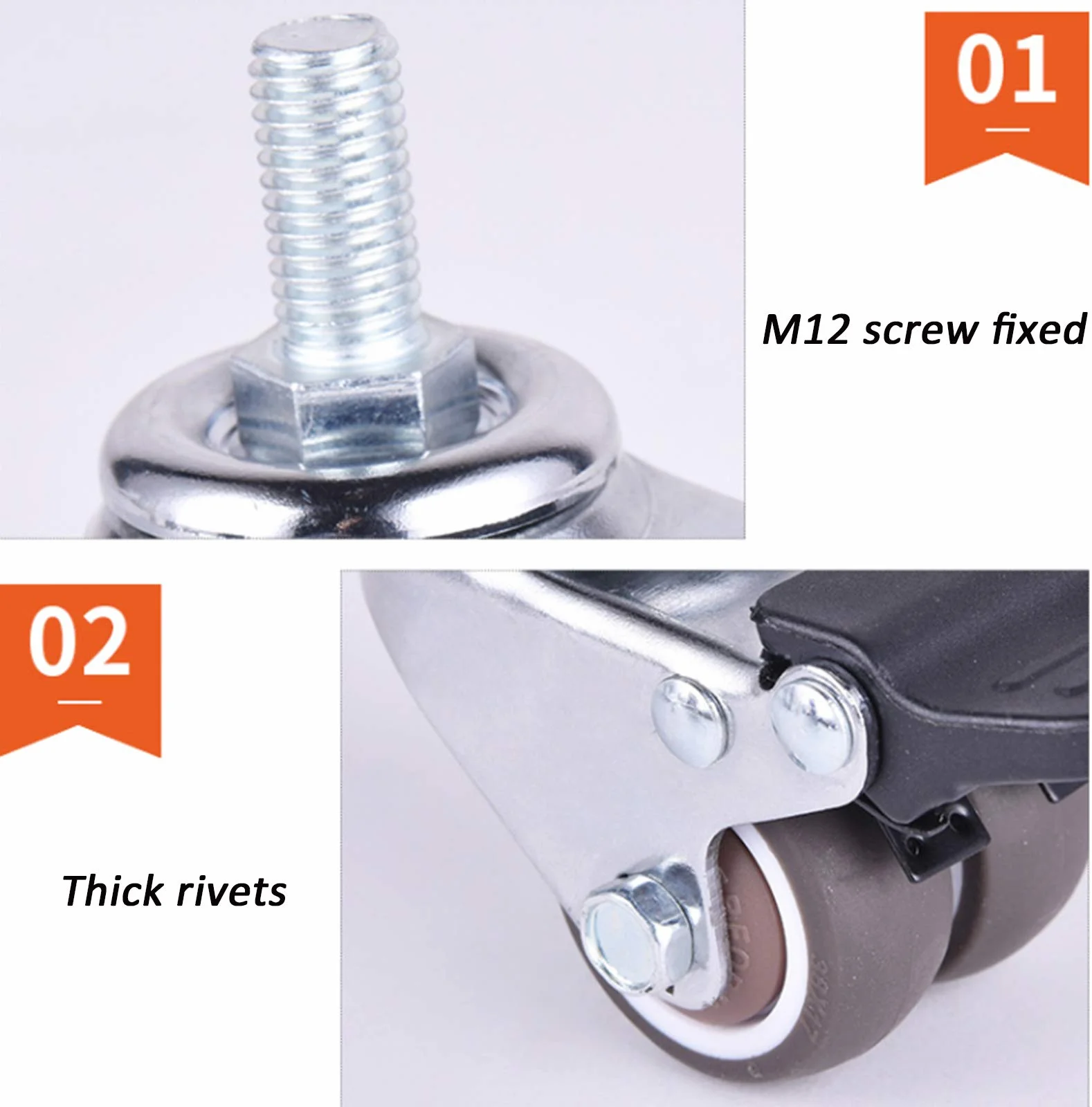 Zestaw 4 wytrzymałych kółek skrętnych z hamulcem gumowym do mebli z gwintem M12 x 25 mm, idealne do wózków typu "zrób to sam", z obrotową głowicą z podwójnym łożyskiem kulkowym