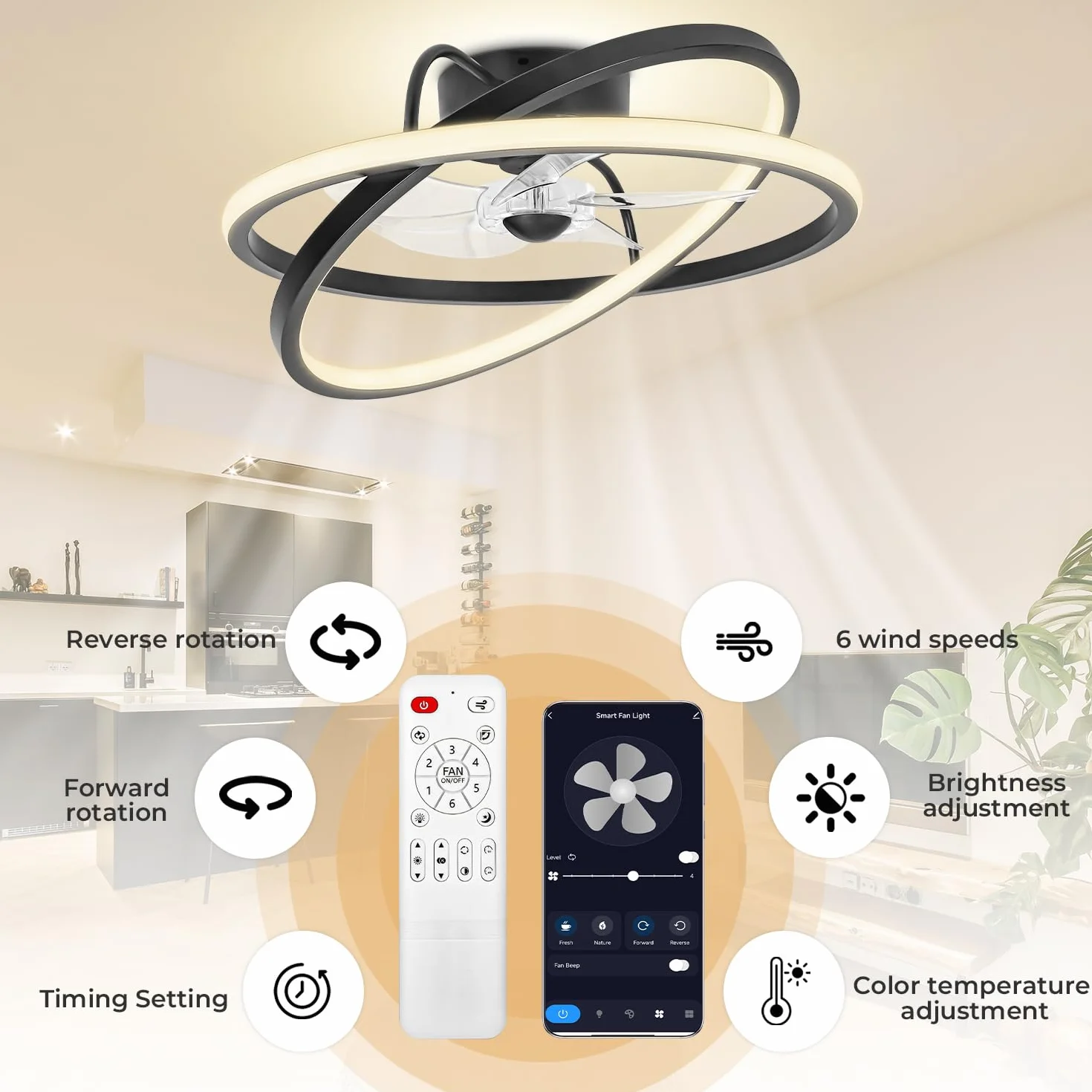 Wentylator sufitowy ze światłem, wentylator sufitowy 50 cm z inteligentną aplikacją, nowoczesna i cicha lampa sufitowa, 3 temperatury barwowe, 6 prędkości do salonu, sypialni, kuchni