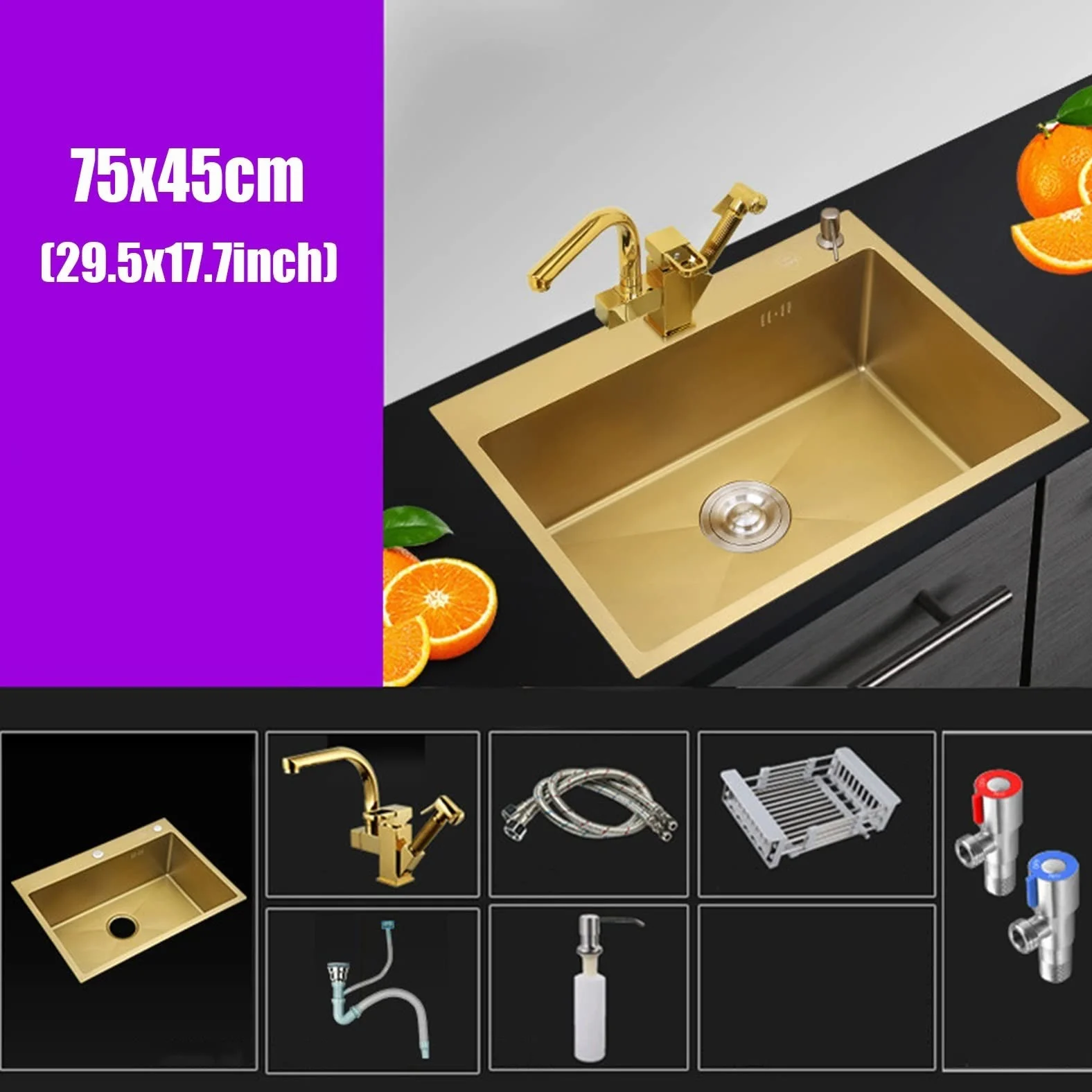 Zlew kuchenny Golden 304 ze stali nierdzewnej umywalka jednokomorowa umywalka podblatowa wpuszczana w blat,Złoty-75 * 45cm