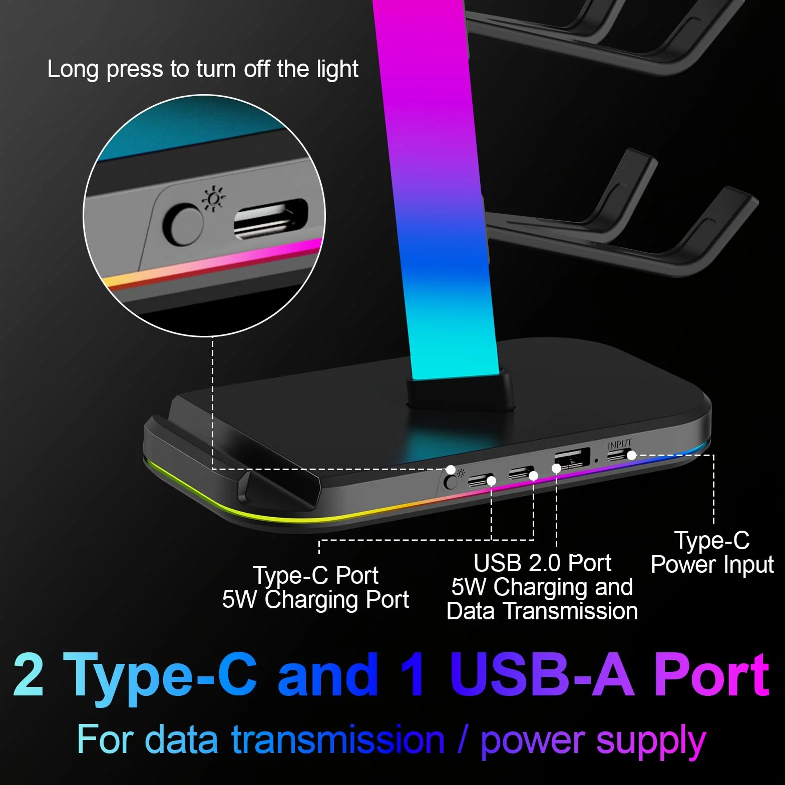 Stojak na Pady do Gier i Słuchawki z RGB | Przechowywanie dla 4 Padów + 1 Słuchawki + Smartphone | 3 Porty Ładowania (Type-C + USB-A)