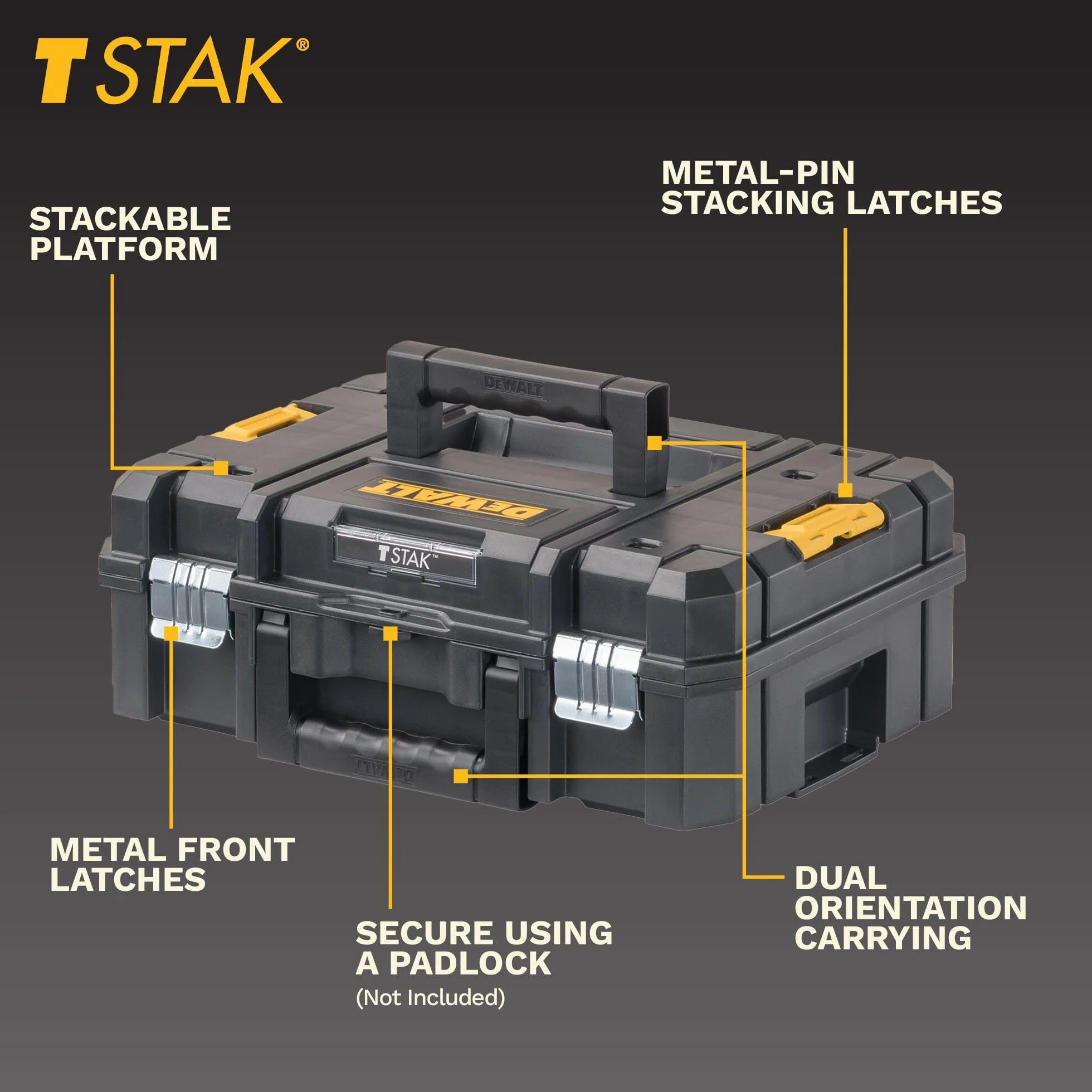 DEWALT TSTAK II skrzynka narzędziowa, 33 cm, płaska góra, nośność do 29 kg, elastyczne platformy do układania w stos (DWST17807)